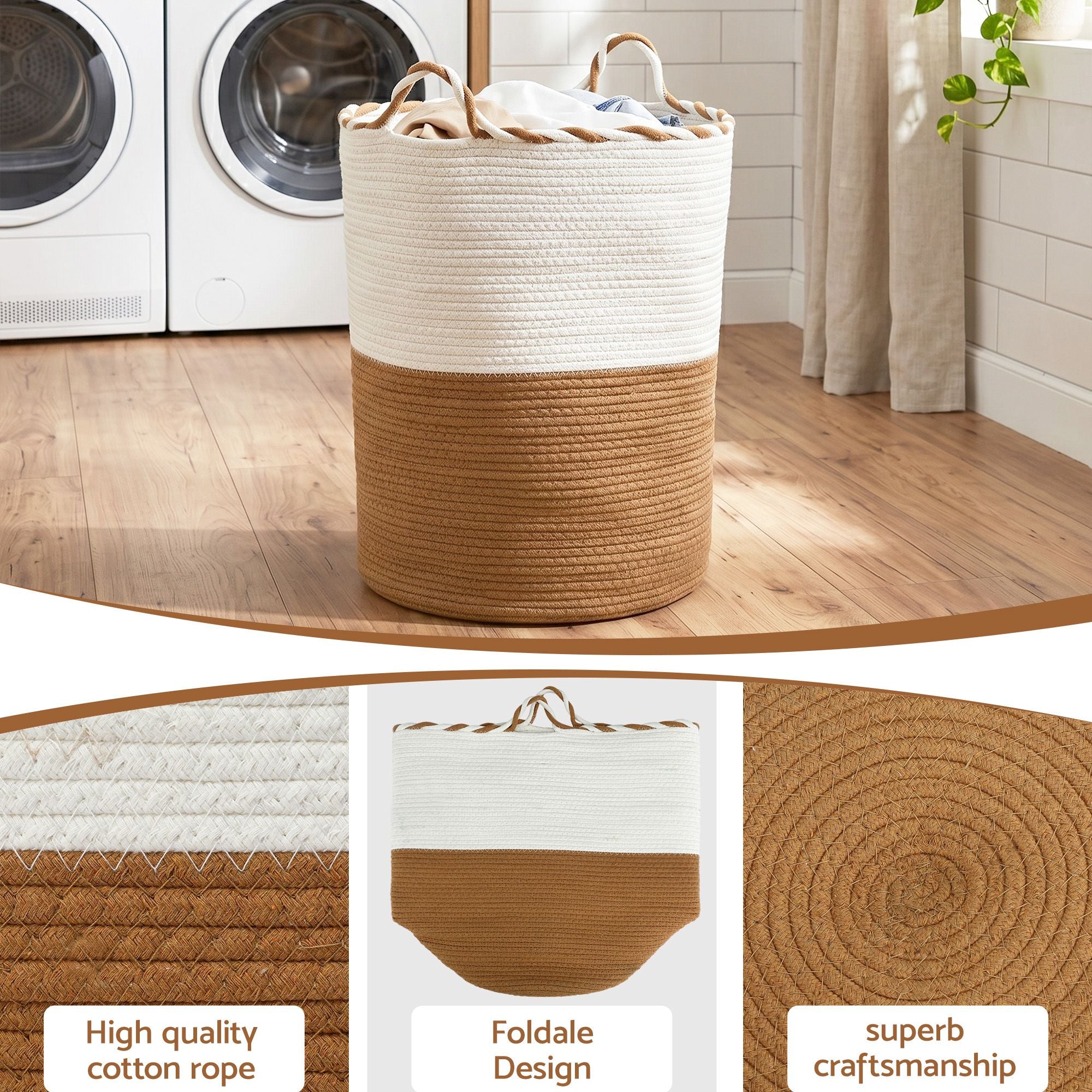 Artiss Woven Laundry Basket with handles Foldable White & Brown