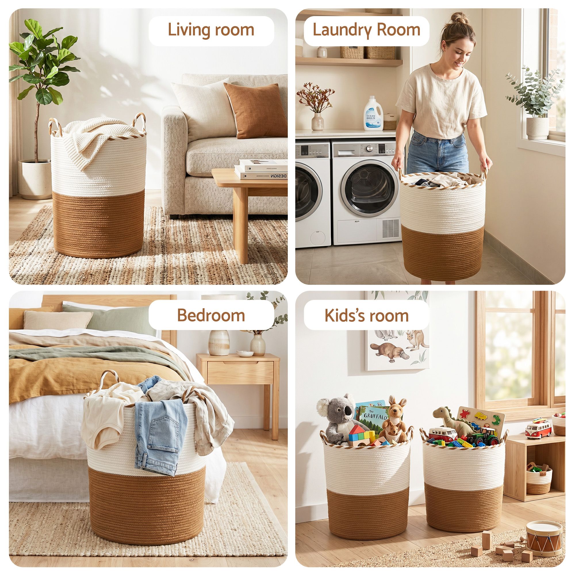 Artiss Woven Laundry Basket with handles Foldable White & Brown