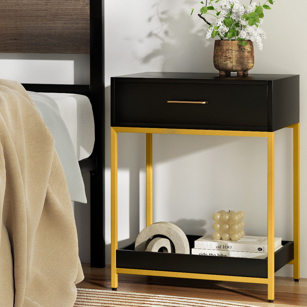 Bedside Tables: Artiss Bedside Table Drawers Side Table Shelf Storage Nightstand Black MASON