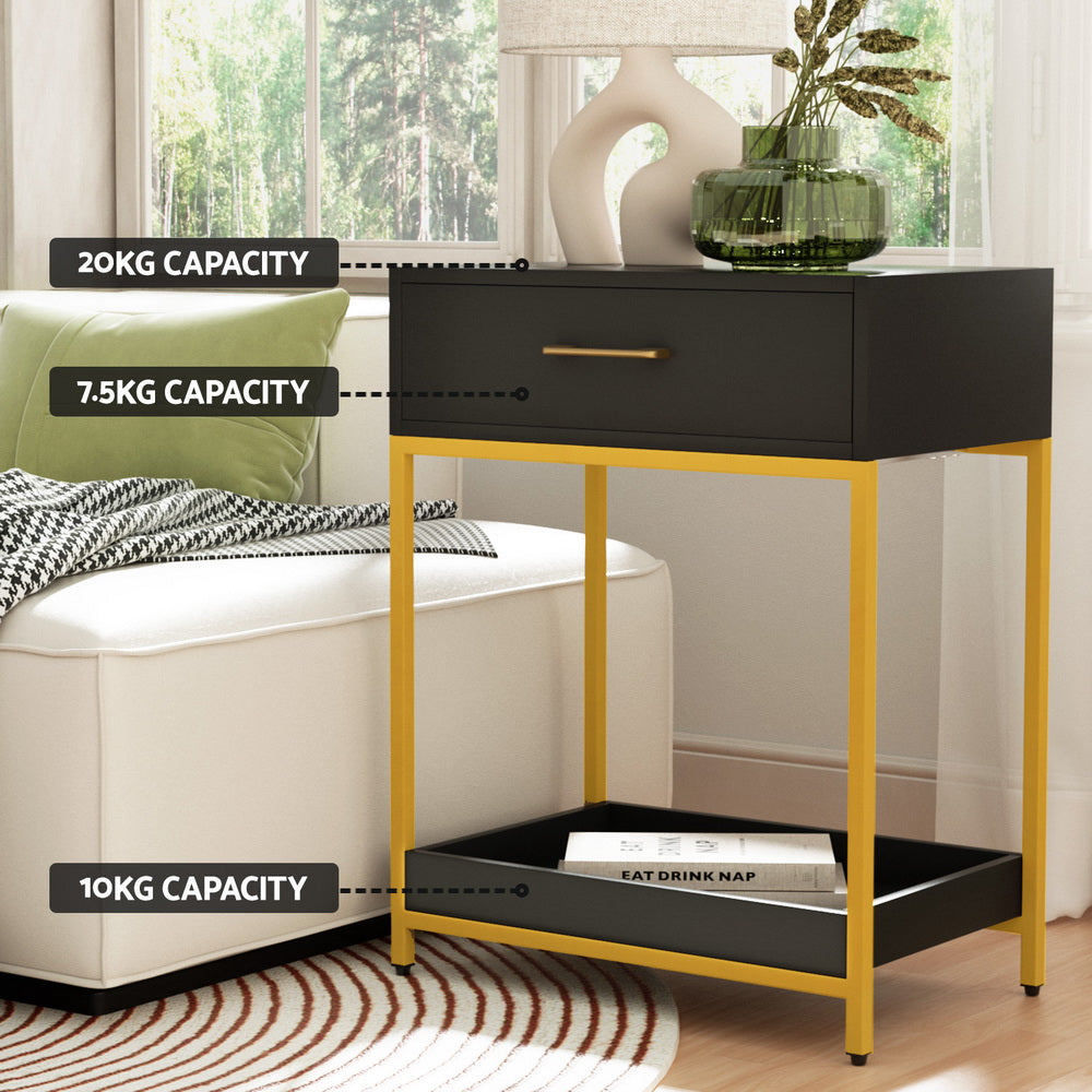 Bedside Tables: Artiss Bedside Table Drawers Side Table Shelf Storage Nightstand Black MASON