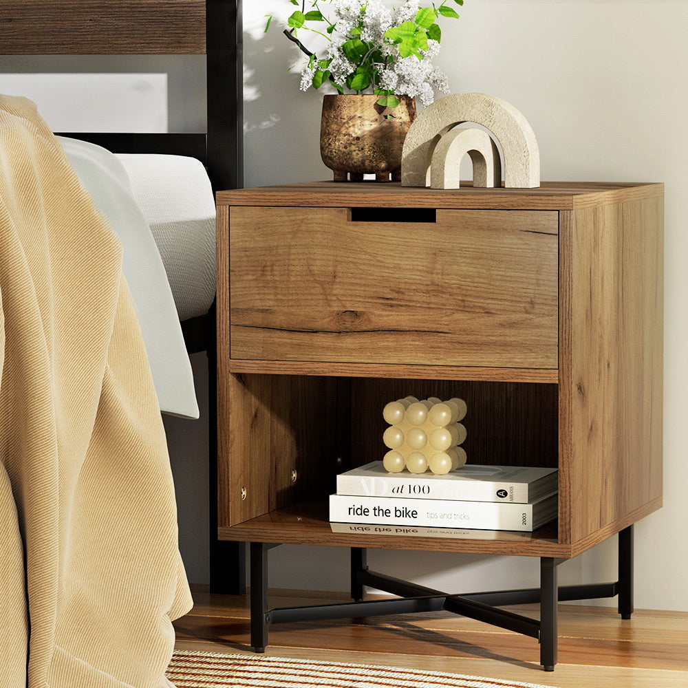 Bookcases & Shelves: Artiss Bedside Table Drawers Side Table Shelf Storage Nightstand Rust Oak KRAVU