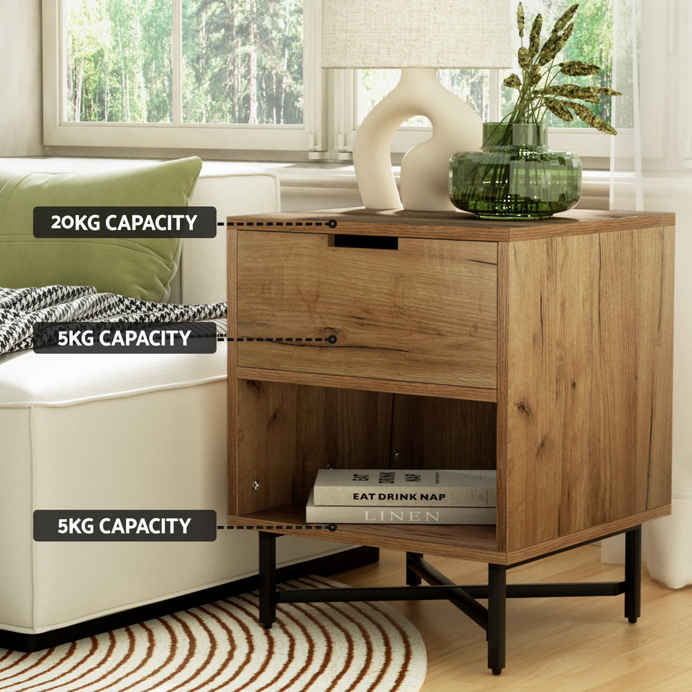Bookcases & Shelves: Artiss Bedside Table Drawers Side Table Shelf Storage Nightstand Rust Oak KRAVU