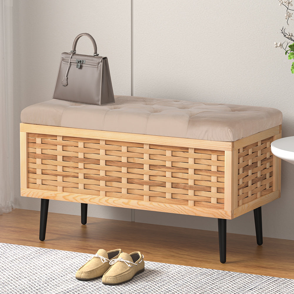 Blankets & Throws: Artiss Storage Ottoman Blanket Box 80cm Weaved Velvet Pine