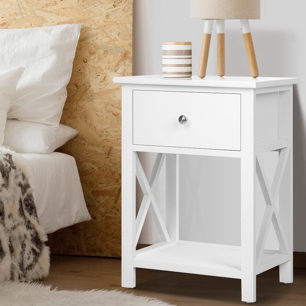 Bedside Tables: Artiss Bedside Table 1 Drawer with Shelf - EMMA White
