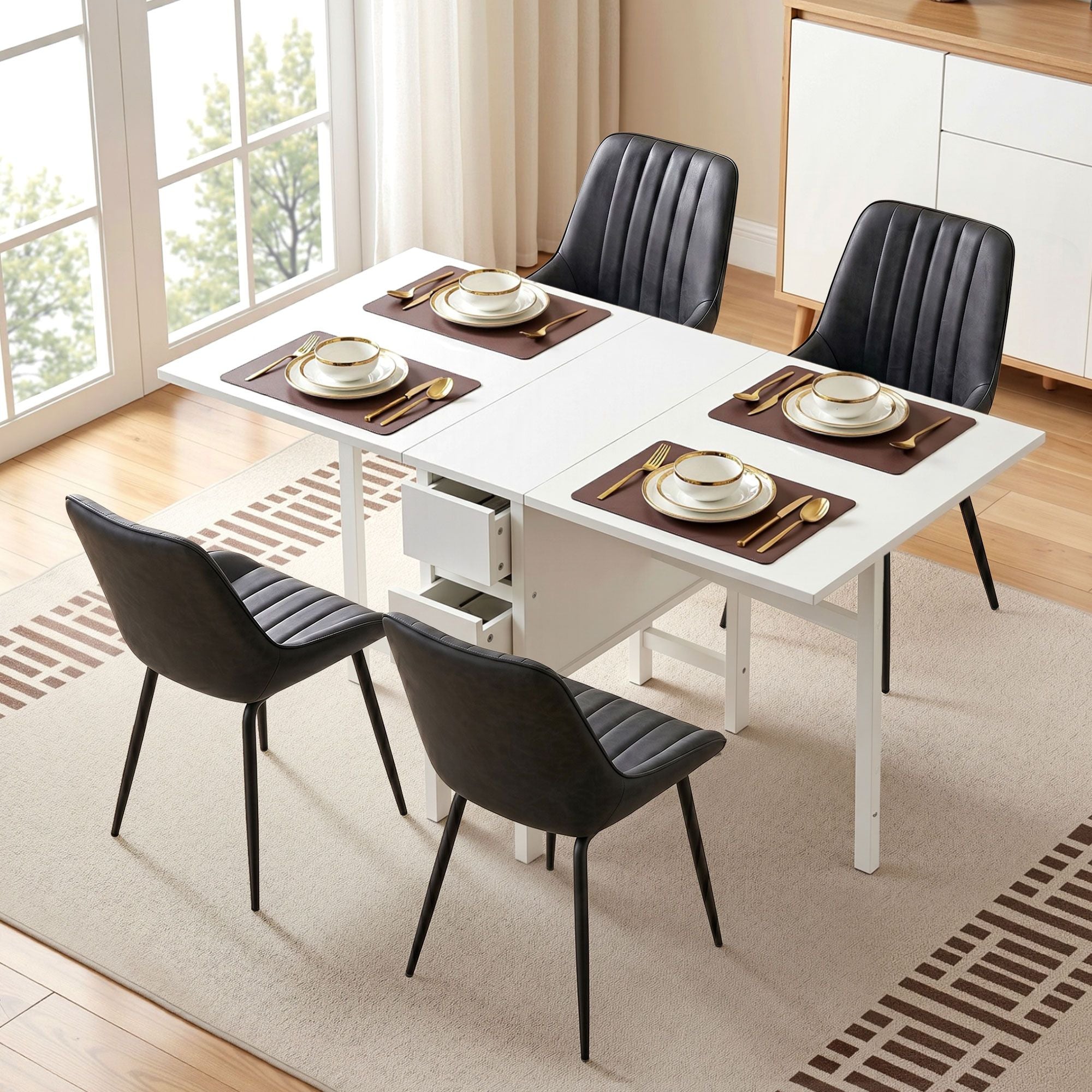 Artiss Dining Table and Chairs Set 5pcs Foldable Kitchen Furniture with 2 Drawers Black and White