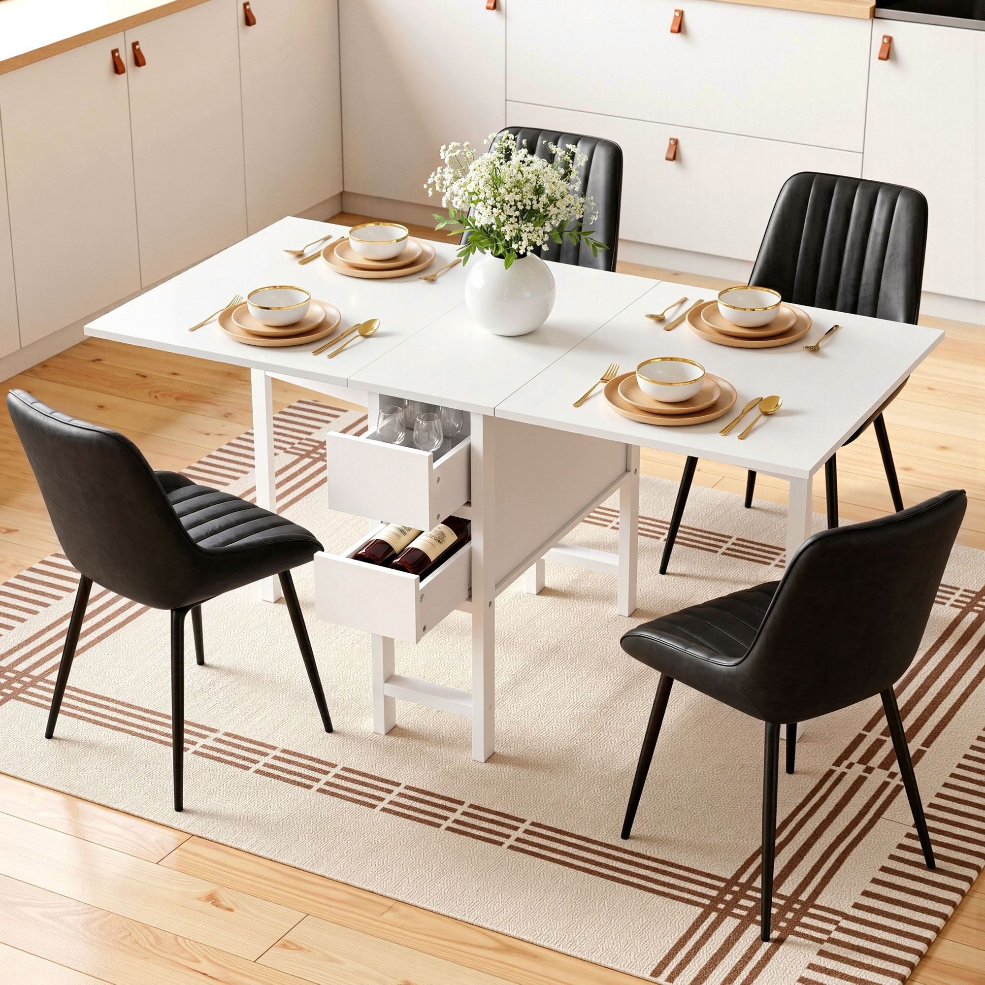 Artiss Dining Table and Chairs Set 5pcs Foldable Kitchen Furniture with 2 Drawers Black and White