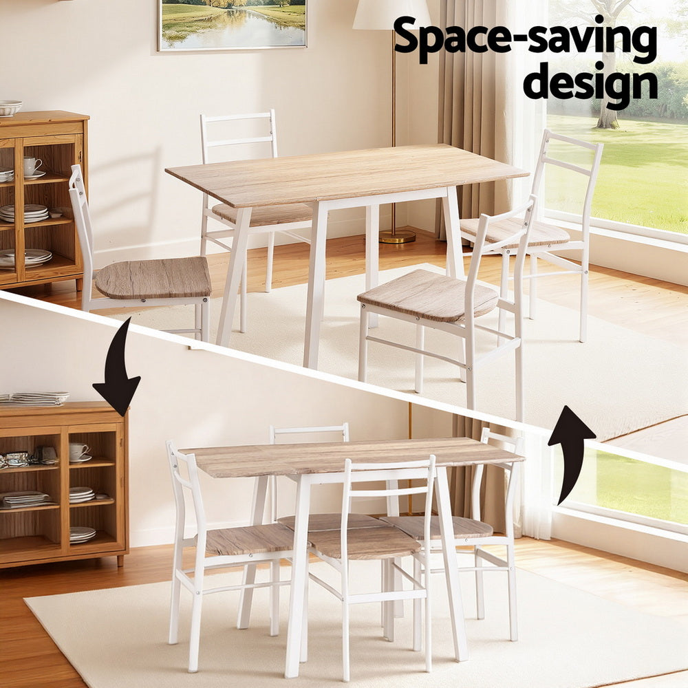 Artiss Dining Table and Chairs Set 5pcs with Extendable 60-120cm Drop-Leaf Table Natural White