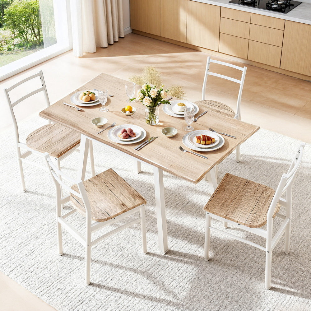 Artiss Dining Table and Chairs Set 5pcs with Extendable 60-120cm Drop-Leaf Table Natural White