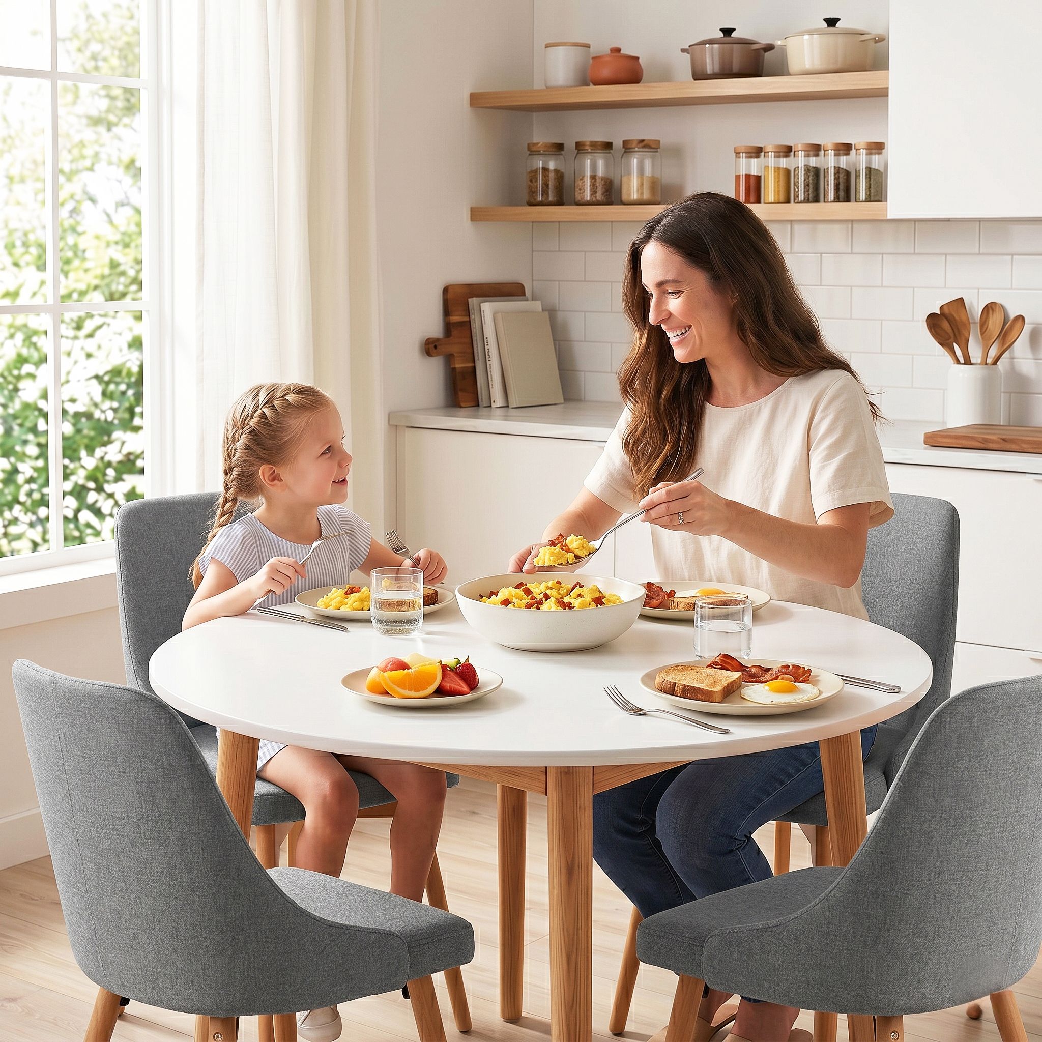 Artiss Round Dining Table and Chairs Set 5pcs Compact Kitchen Furniture White Natural Wood & Grey