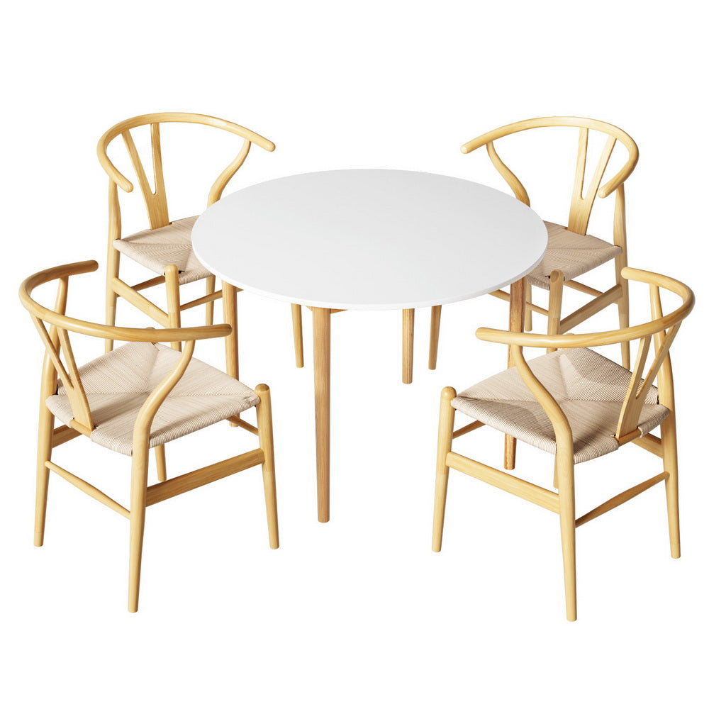 Dining Set: 1 Artiss Dining Table and 4 Chairs Set Wishbone Wood