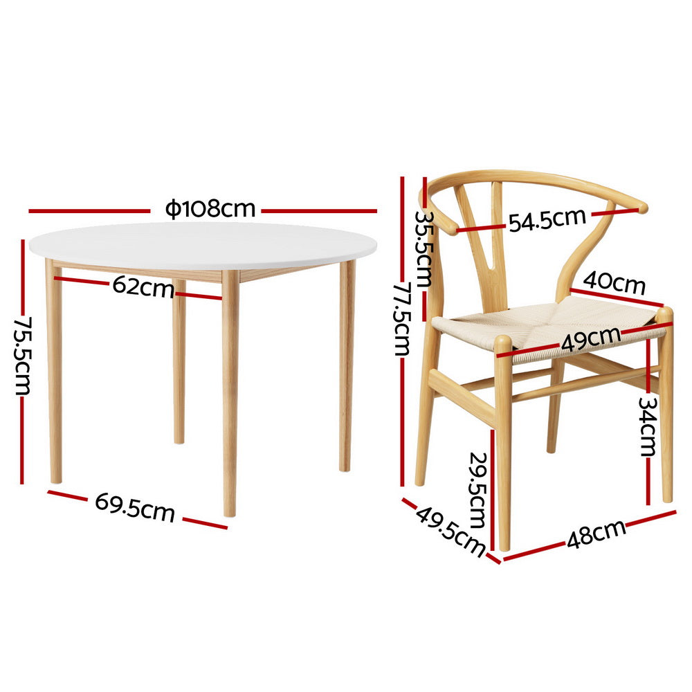 Dining Set: 1 Artiss Dining Table and 4 Chairs Set Wishbone Wood