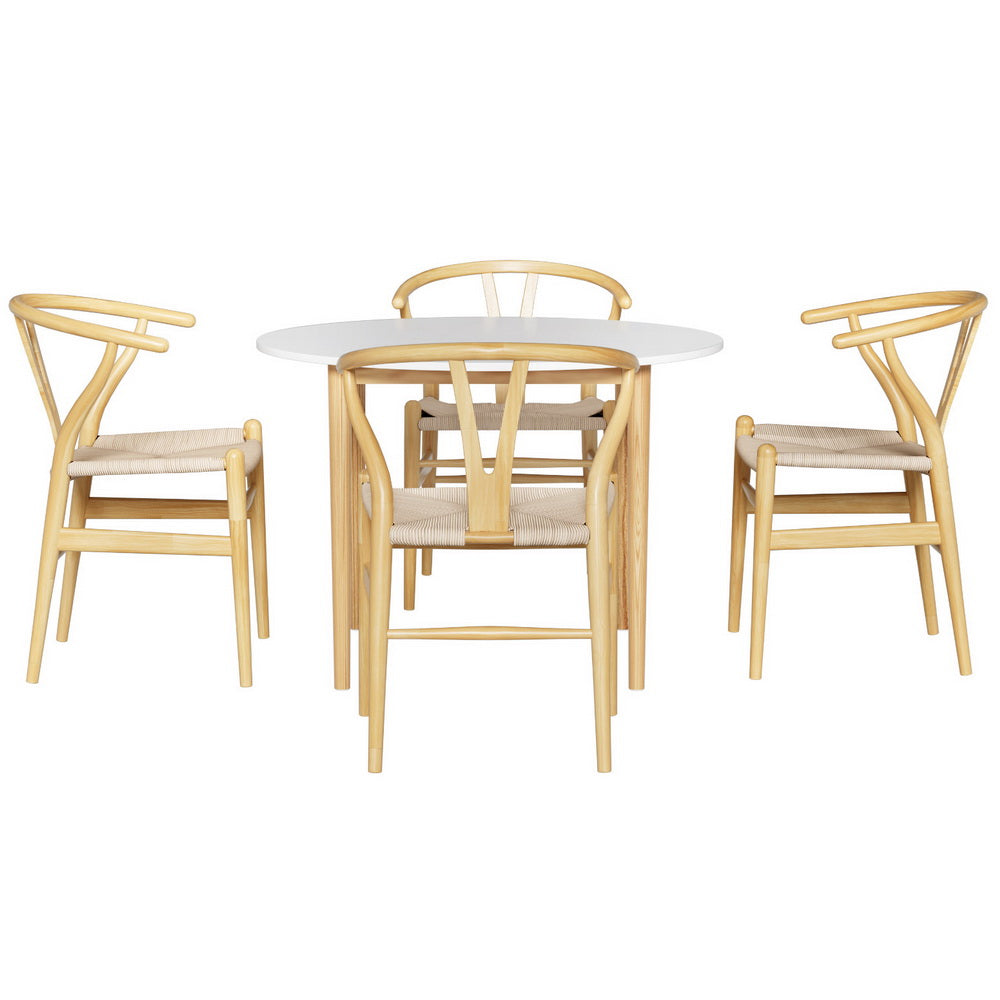 Dining Set: 1 Artiss Dining Table and 4 Chairs Set Wishbone Wood