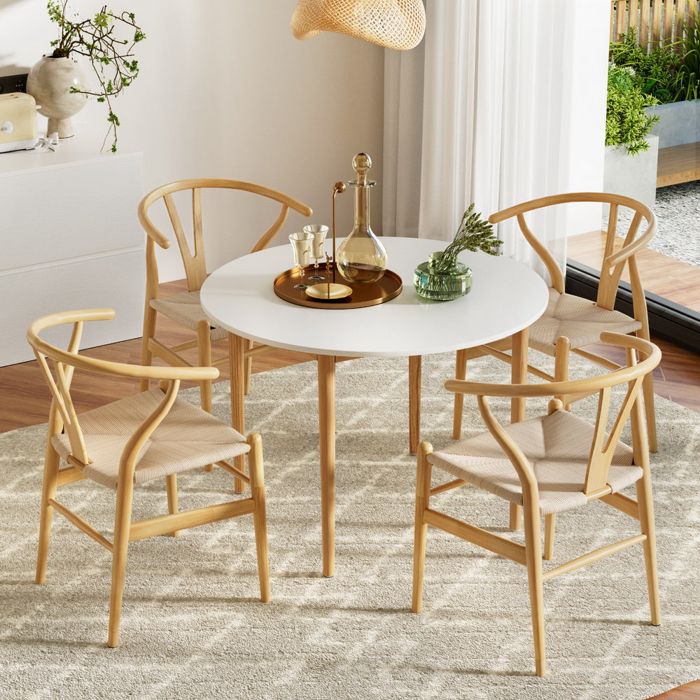 Dining Set: 1 Artiss Dining Table and 4 Chairs Set Wishbone Wood