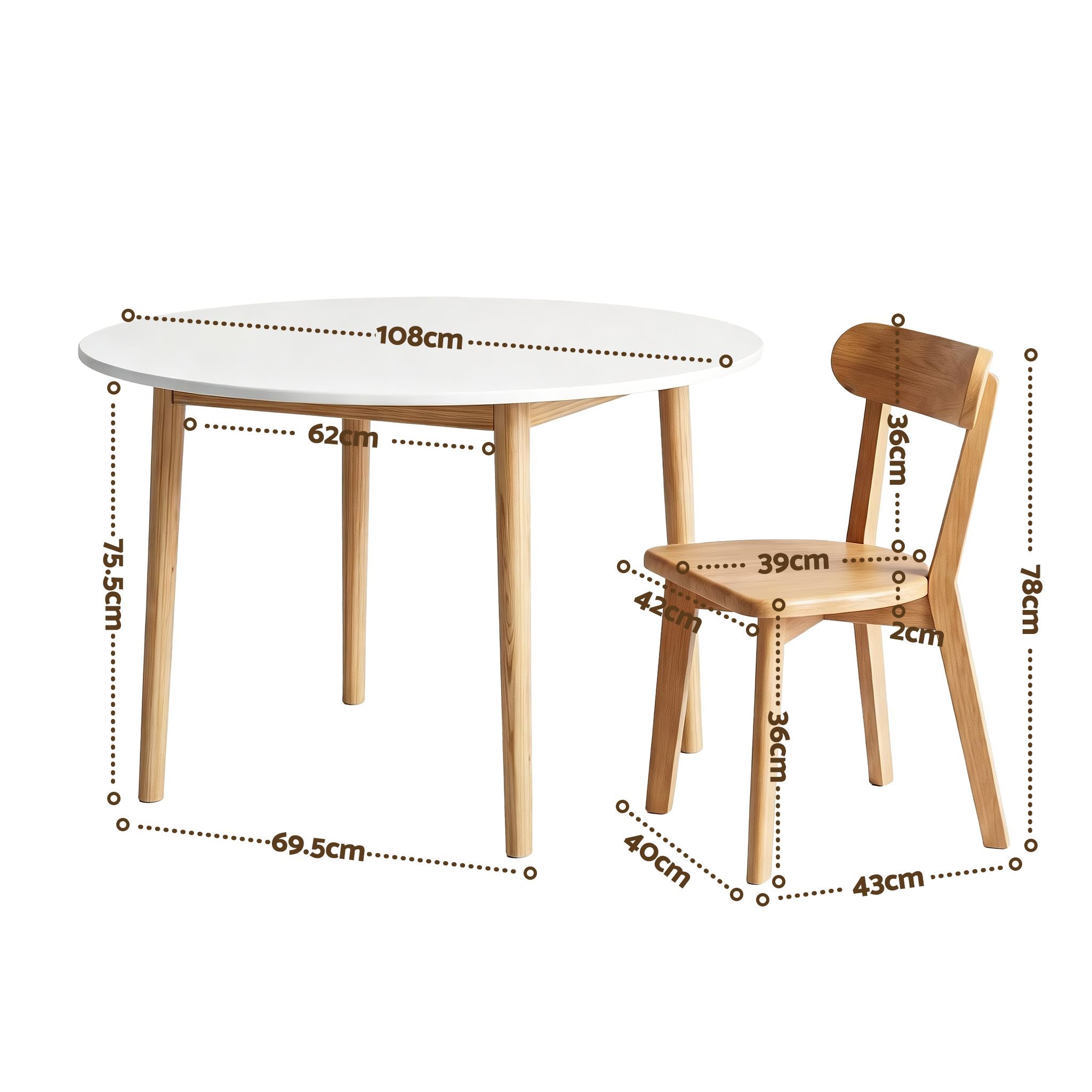 Artiss Round Dining Table and Chairs Set 5 PCS, 108cm Compact Kitchen Table Set with Solid Pine Wood Legs & 4 Ergonomic Rubber Wood Chairs,White Timber Dining Set for Small Space