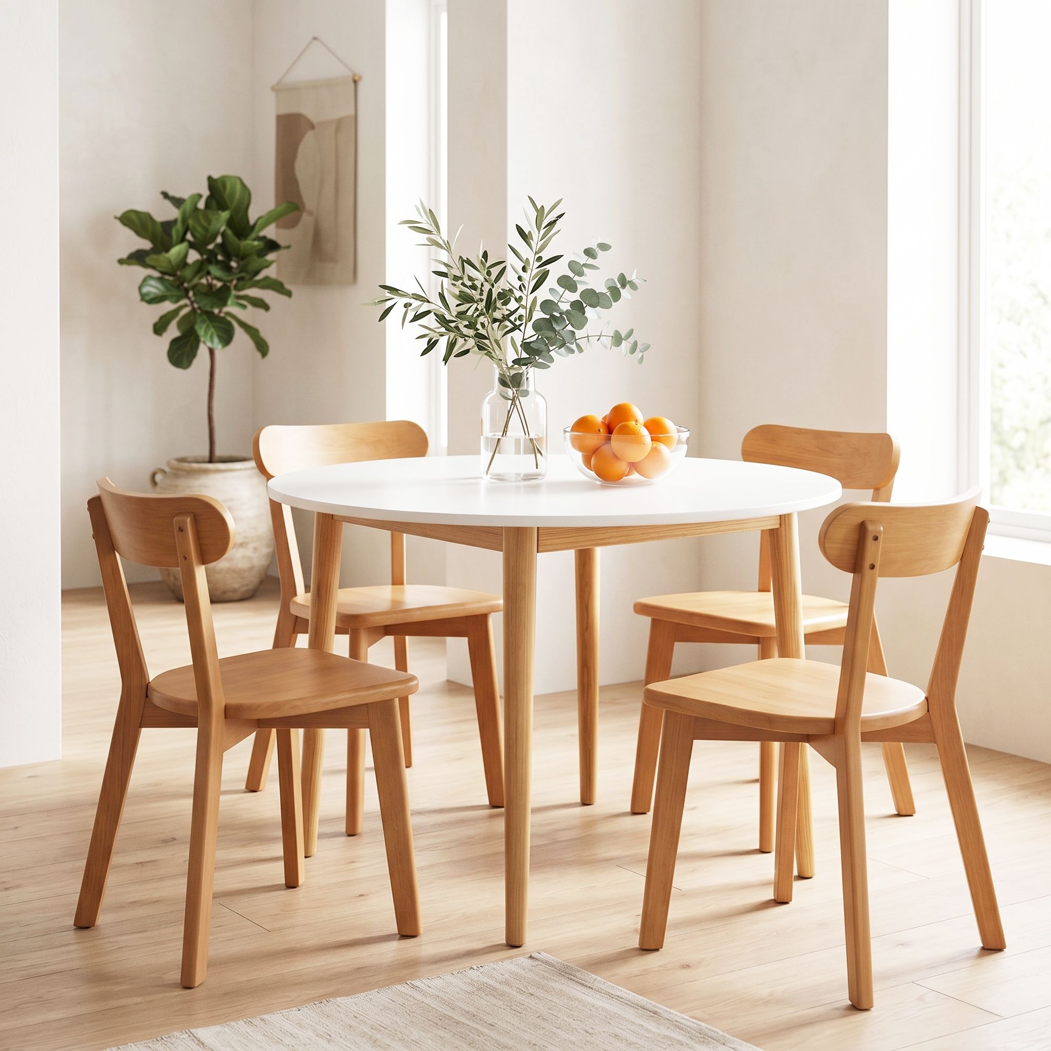 Artiss Round Dining Table and Chairs Set 5 PCS, 108cm Compact Kitchen Table Set with Solid Pine Wood Legs & 4 Ergonomic Rubber Wood Chairs,White Timber Dining Set for Small Space