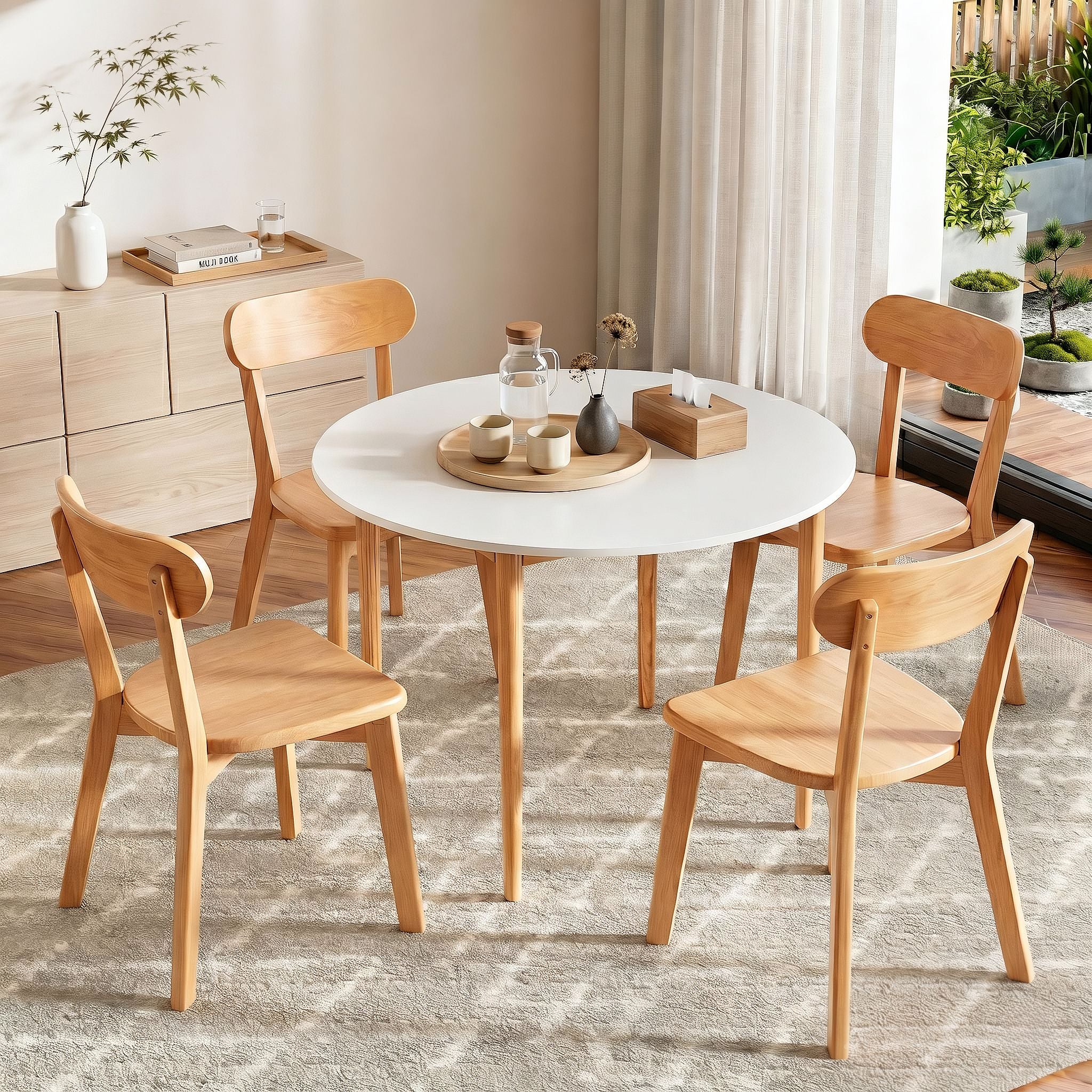 Artiss Round Dining Table and Chairs Set 5 PCS, 108cm Compact Kitchen Table Set with Solid Pine Wood Legs & 4 Ergonomic Rubber Wood Chairs,White Timber Dining Set for Small Space