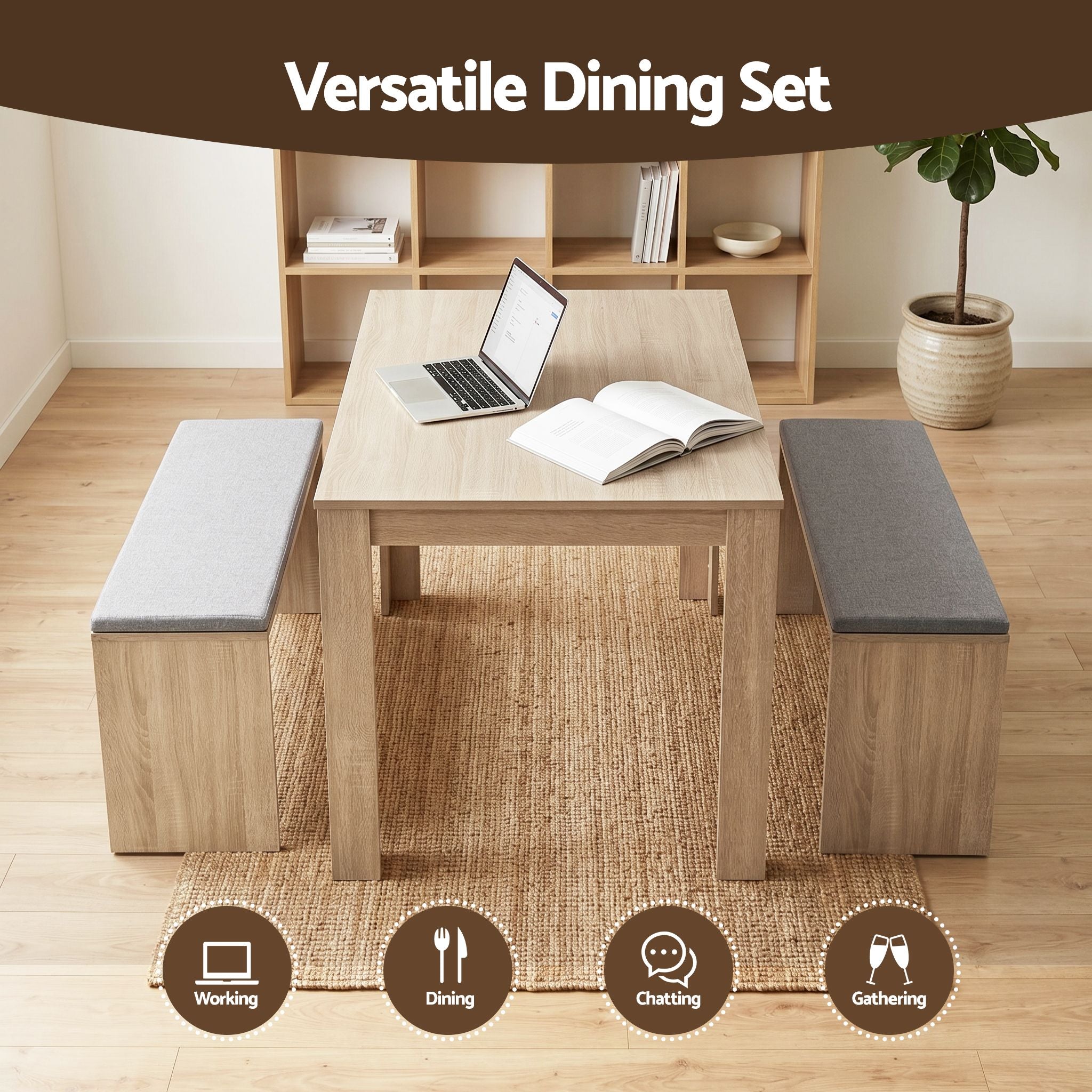 Artiss 3 Piece Dining Sets, 120cm Wooden Dining Table and 2 Upholstered Chairs Set, Space-Saving Modern Kitchen Dining Suite for Home Apartment (Oak)