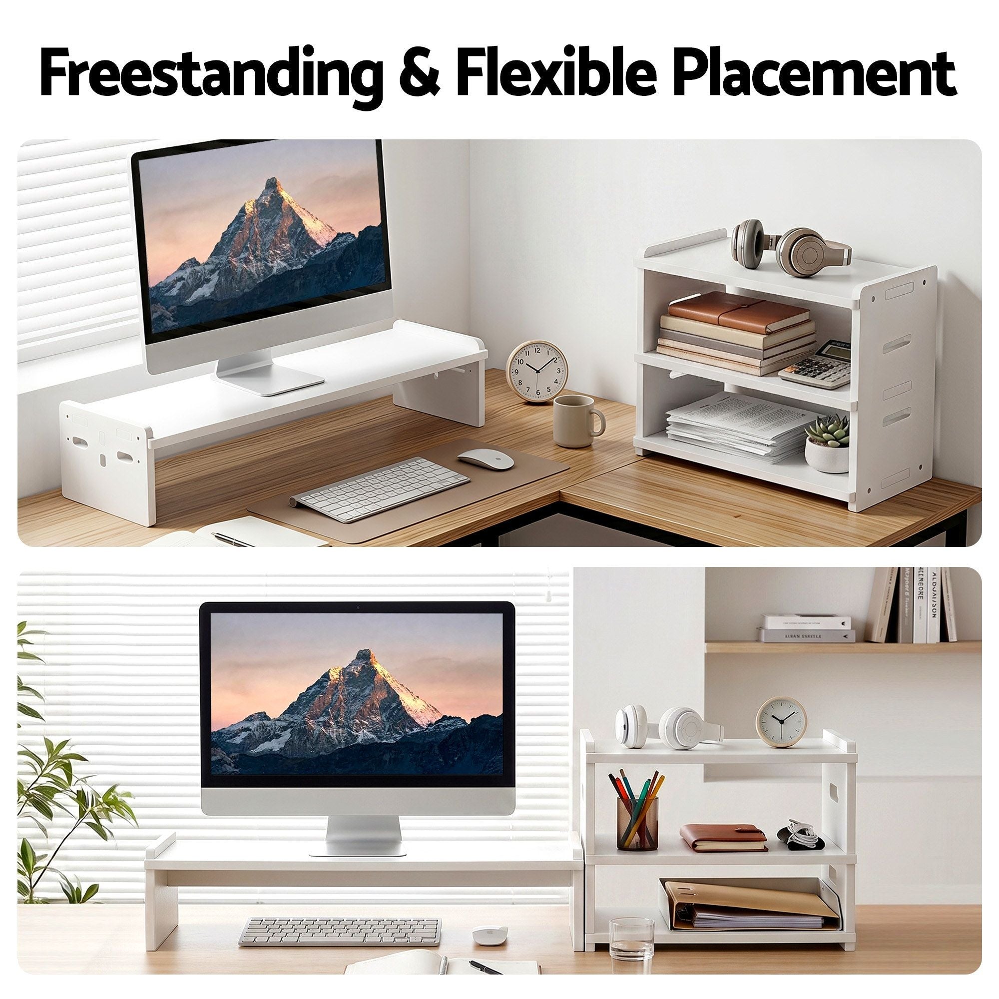 Artiss Monitor Stand and 3-Tier Desk Organiser 2-in-1 Modular Computer Monitor Riser PVC Desktop Shelf Holds 20kg for Office Students Gaming