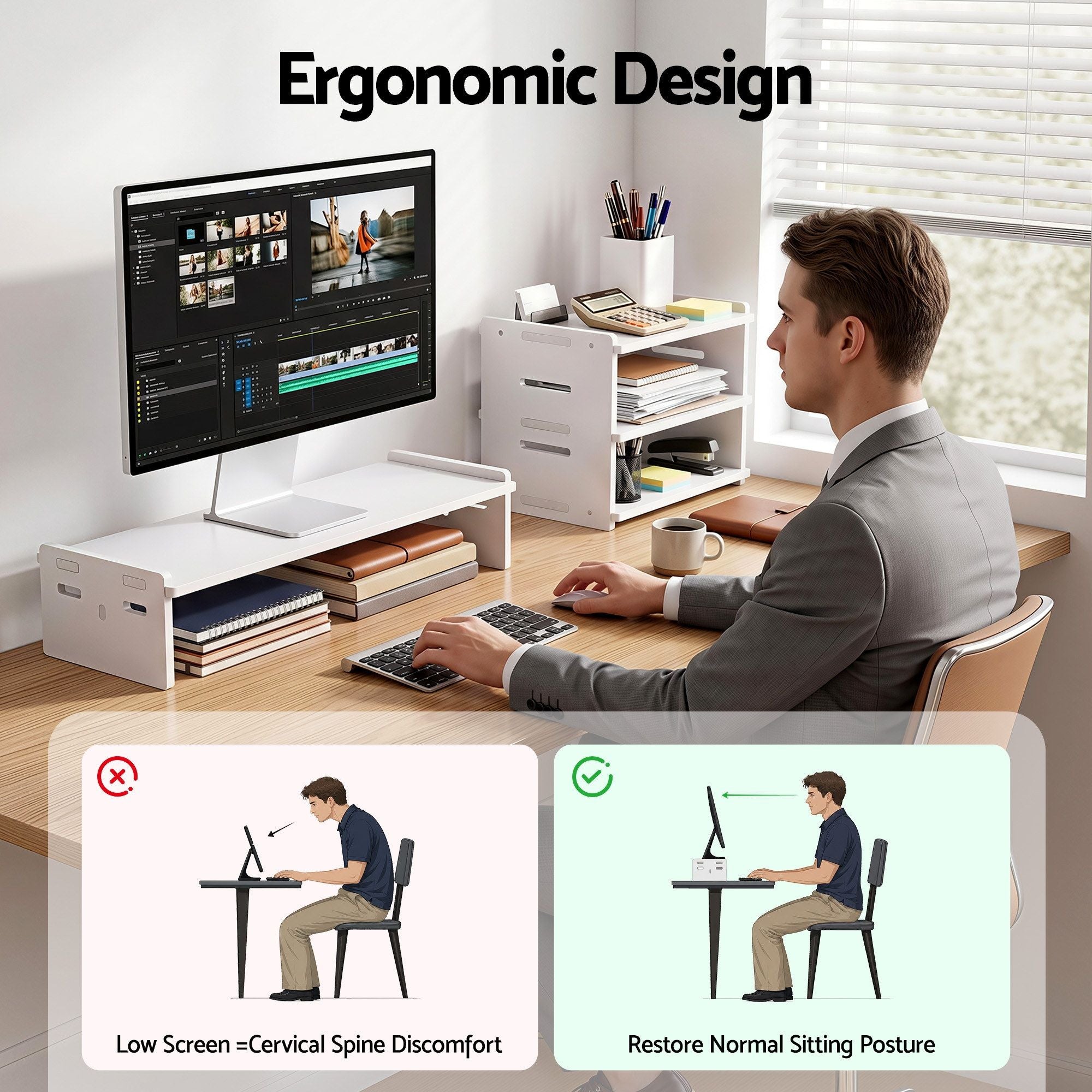 Artiss Monitor Stand and 3-Tier Desk Organiser 2-in-1 Modular Computer Monitor Riser PVC Desktop Shelf Holds 20kg for Office Students Gaming
