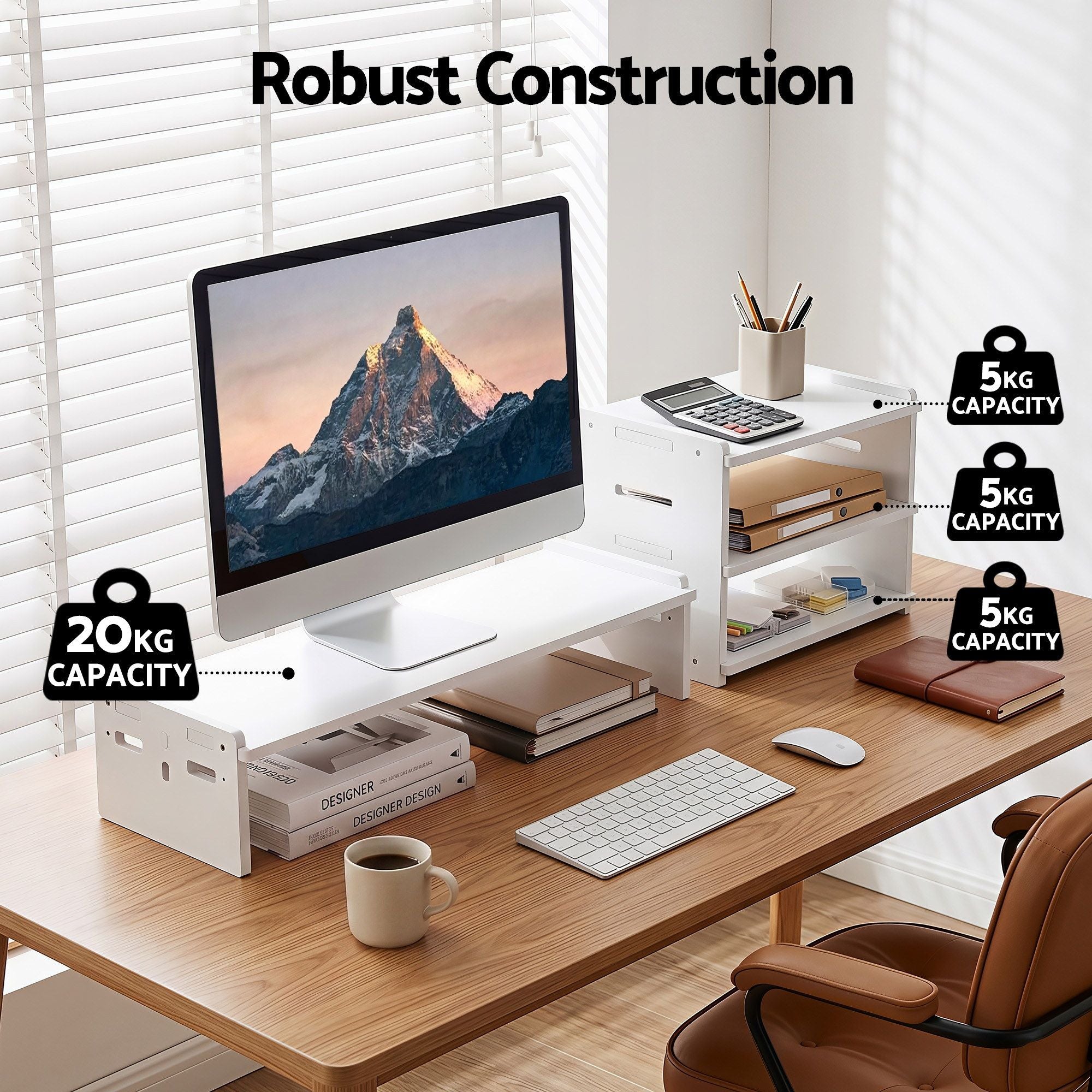 Artiss Monitor Stand and 3-Tier Desk Organiser 2-in-1 Modular Computer Monitor Riser PVC Desktop Shelf Holds 20kg for Office Students Gaming