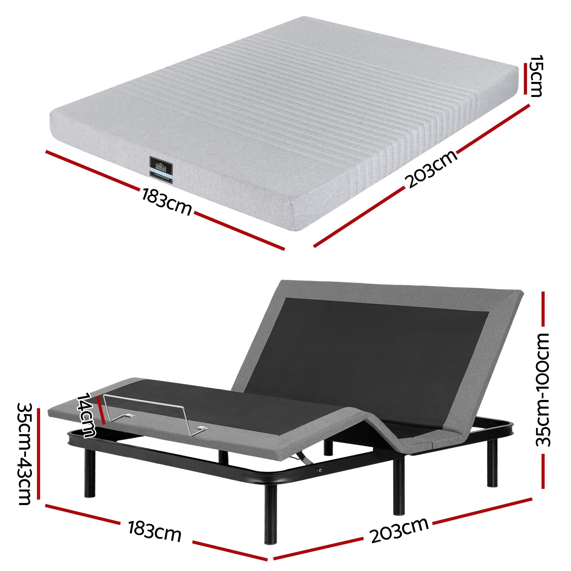 Artiss King Bed Frame and Giselle Bedding King Memory Foam Mattress Set, Electric Bed Base with Zero Gravity & 7 Zone Cooling Comfort for Back Pain Relief, Black & Grey, 15cm Thickness
