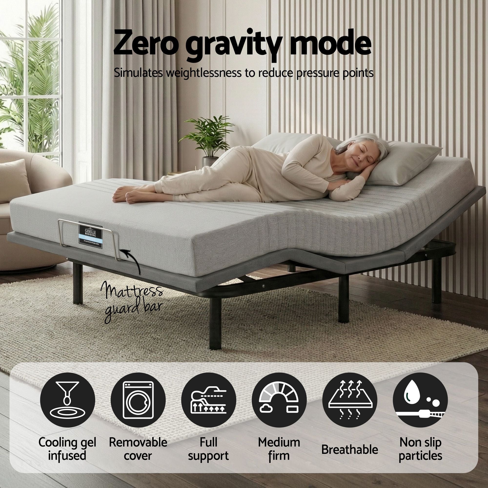 Artiss King Bed Frame and Giselle Bedding King Memory Foam Mattress Set, Electric Bed Base with Zero Gravity & 7 Zone Cooling Comfort for Back Pain Relief, Black & Grey, 15cm Thickness