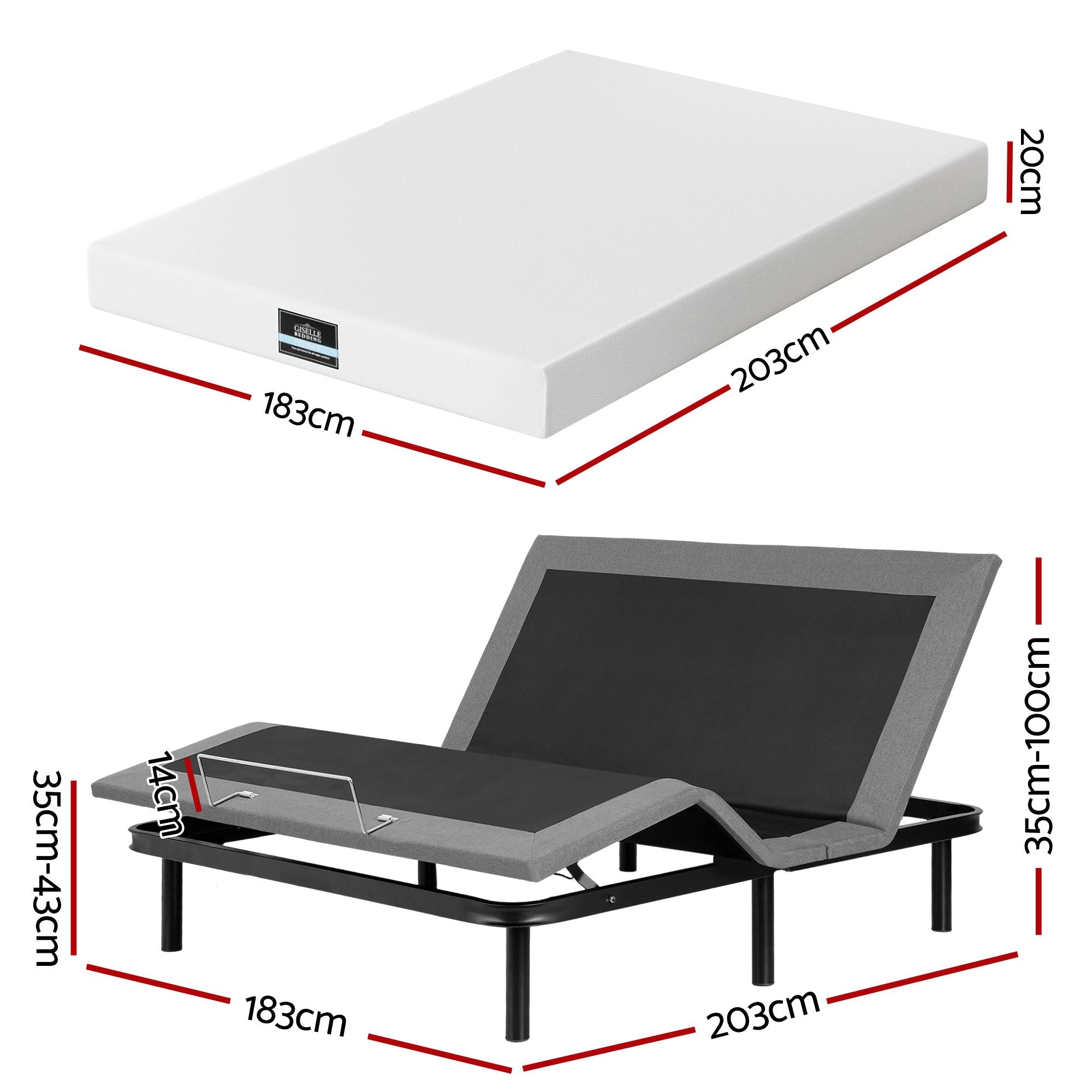 Artiss King size bed frame & Giselle Bedding King Mattress Combo, adjustable bed Base for Snoring Relief, Independent Head Foot Incline, Wireless Remote, Black,20cm Thickness