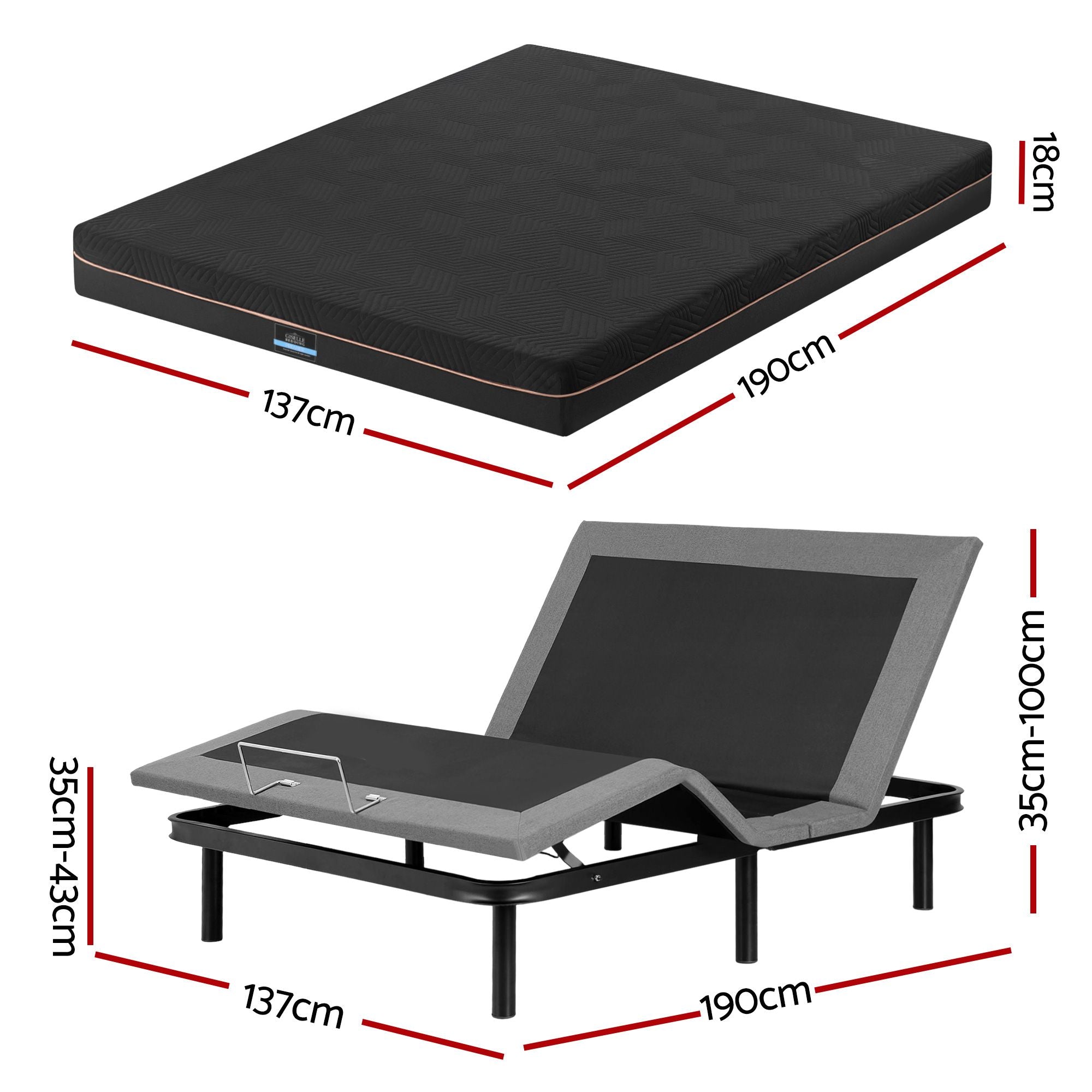 Artiss Double size bed frame with Giselle Bedding Double Mattress, adjustable bed Base Combo for Snoring Relief, Independent Head Foot Incline, Wireless Remote, Black,18cm Thickness