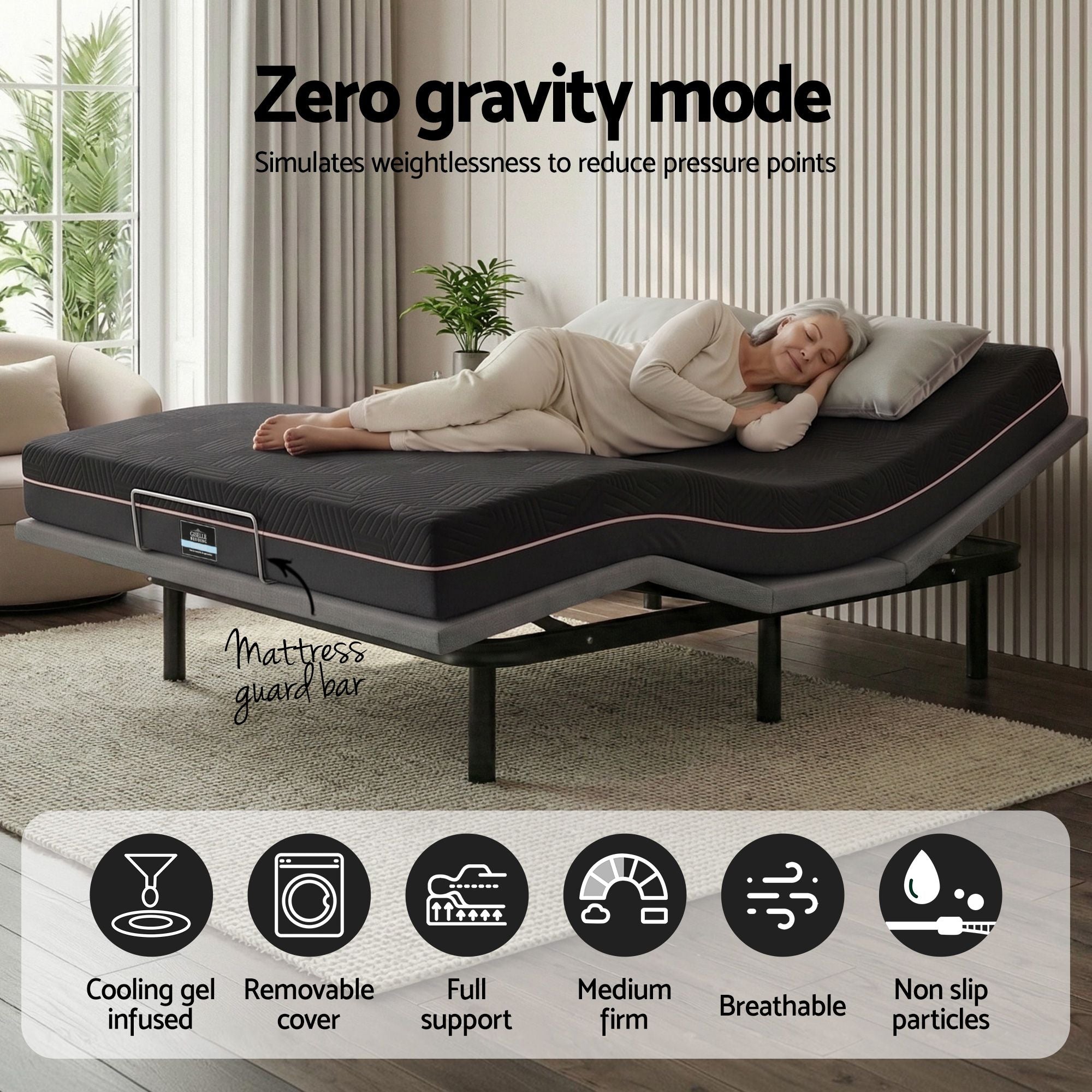 Artiss Double size bed frame with Giselle Bedding Double Mattress, adjustable bed Base Combo for Snoring Relief, Independent Head Foot Incline, Wireless Remote, Black,18cm Thickness
