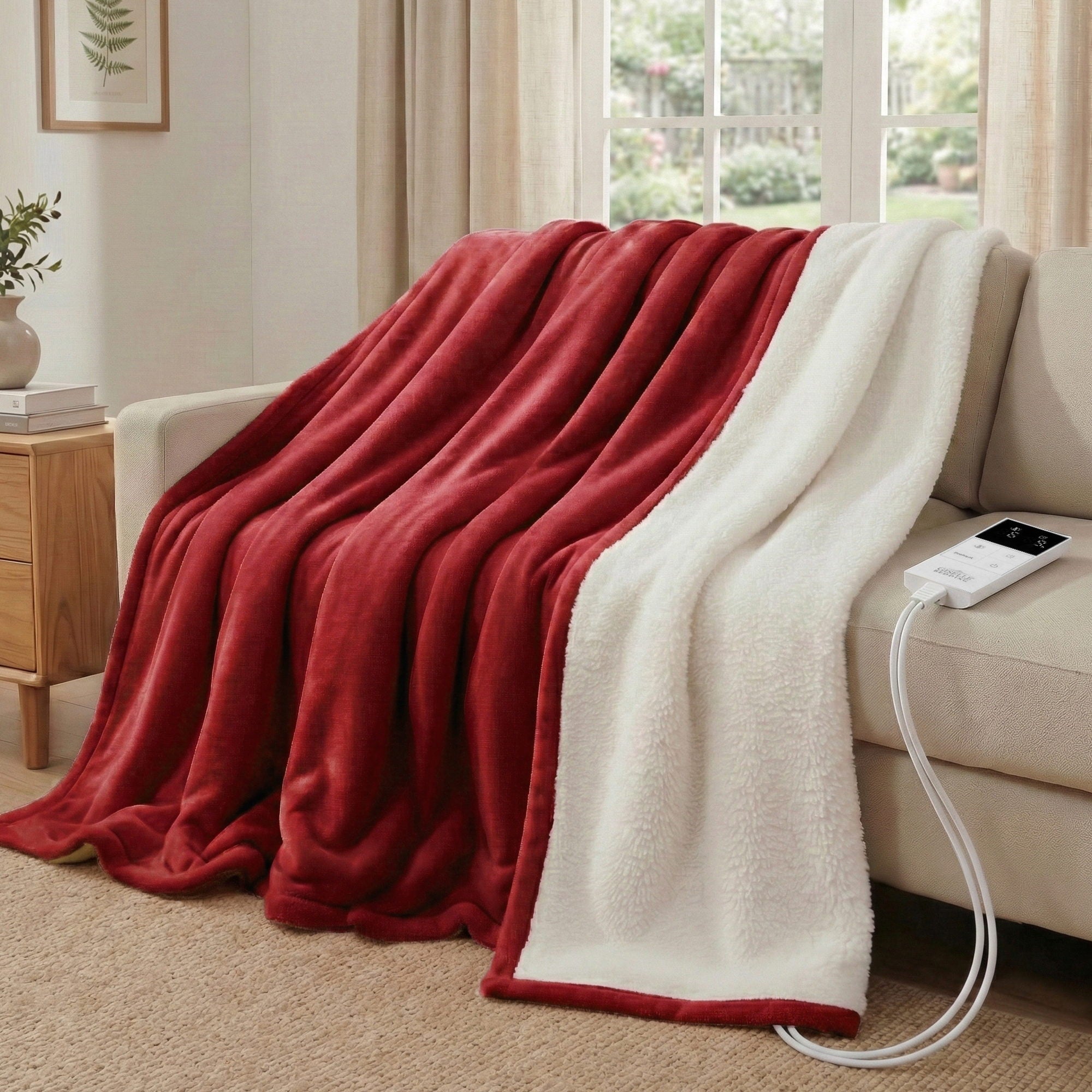Blankets & Throws: Giselle Electric Throw Rug Double Size 200x180cm Fleece Flannel Heated Blanket Burgundy