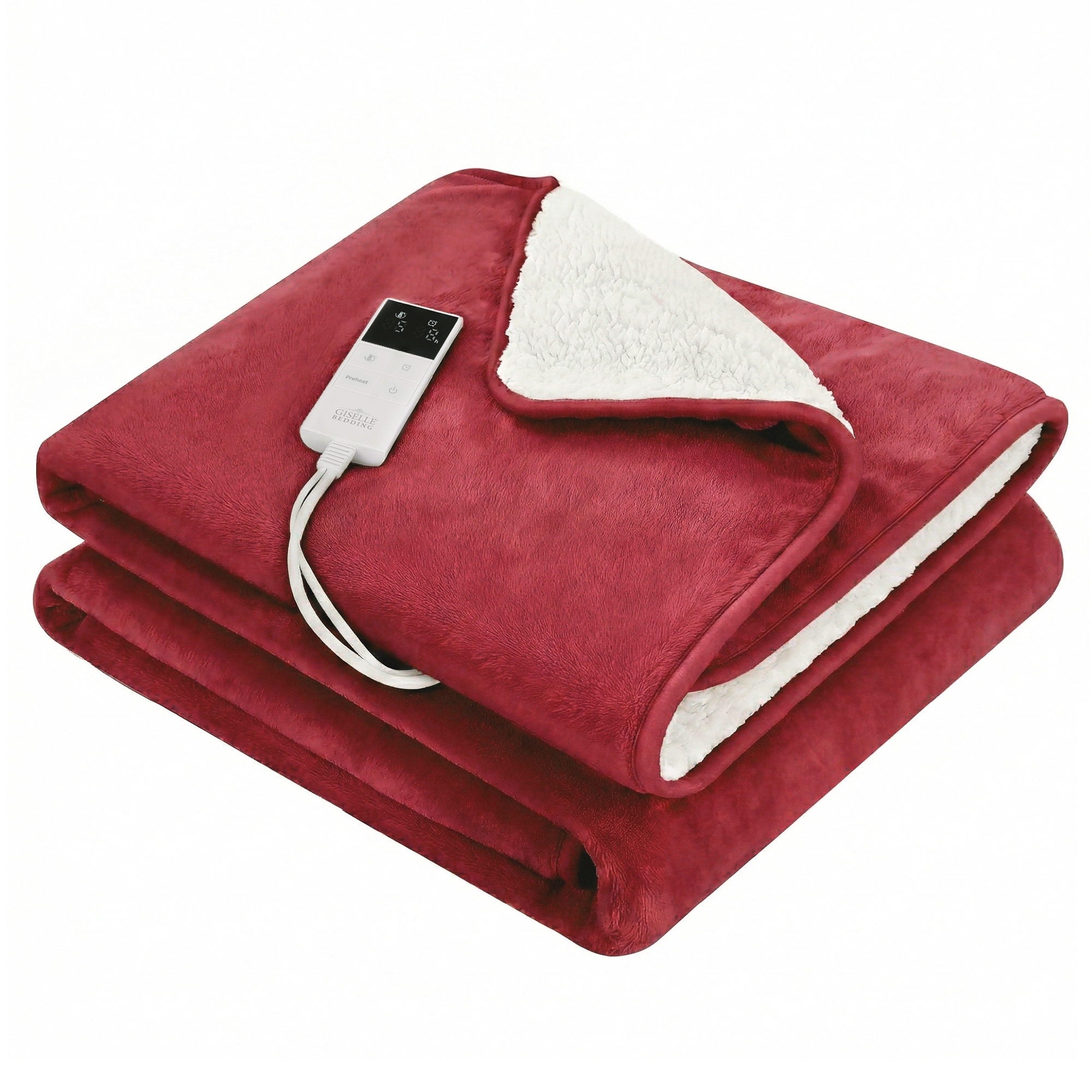 Blankets & Throws: Giselle Electric Throw Rug Double Size 200x180cm Fleece Flannel Heated Blanket Burgundy