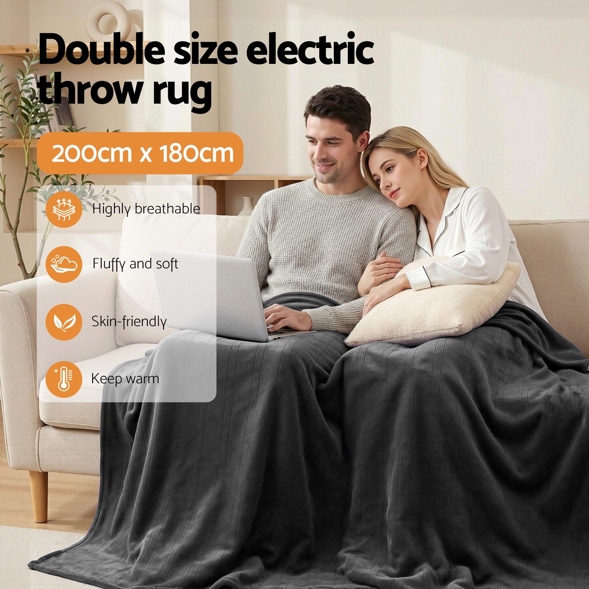 Blankets & Throws: Giselle Electric Throw Rug Double Size 200x180cm Coral Fleece Heated Blanket Grey