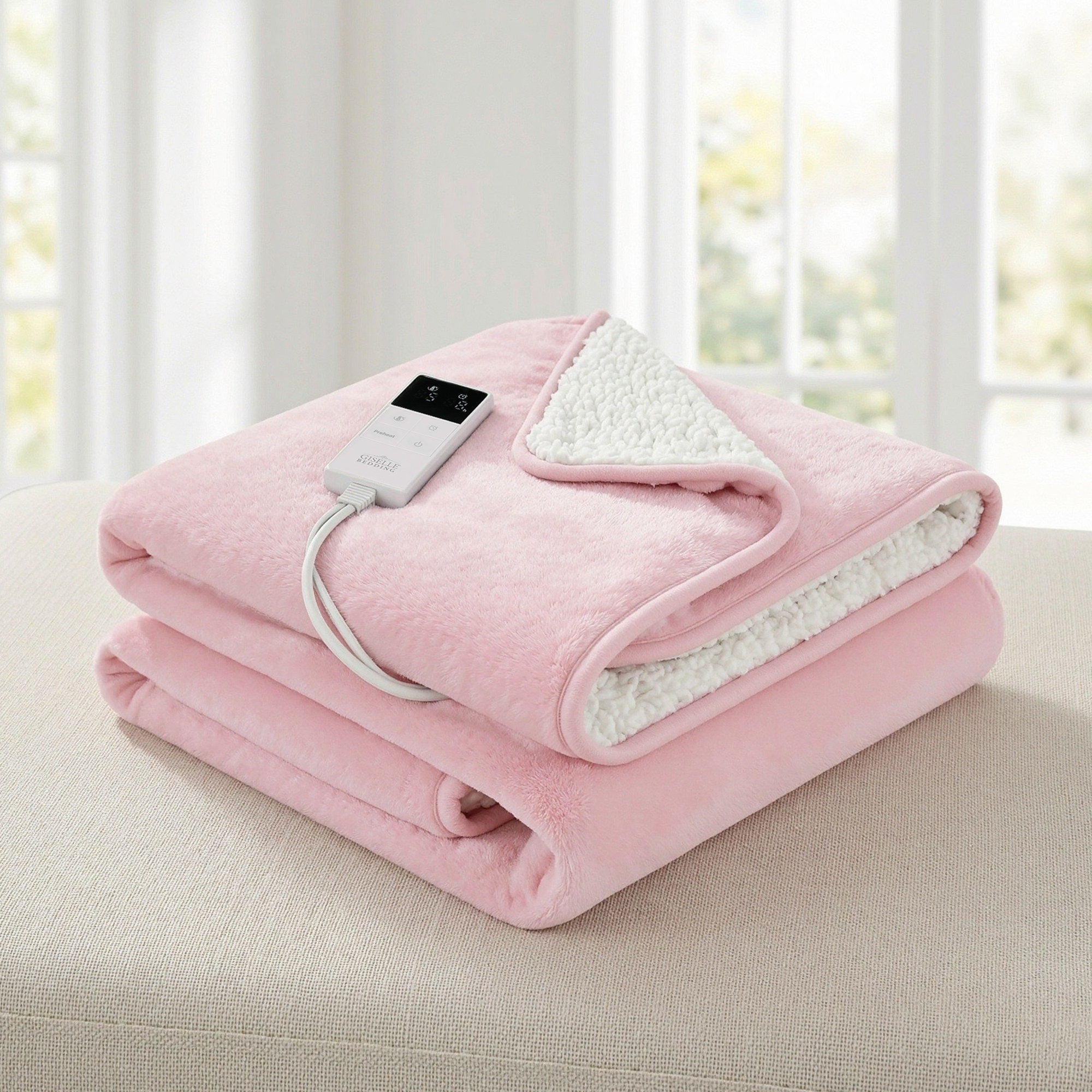 Blankets & Throws: Giselle Electric Throw Rug Dual Side Fleece Flannel Heated Blanket Pink
