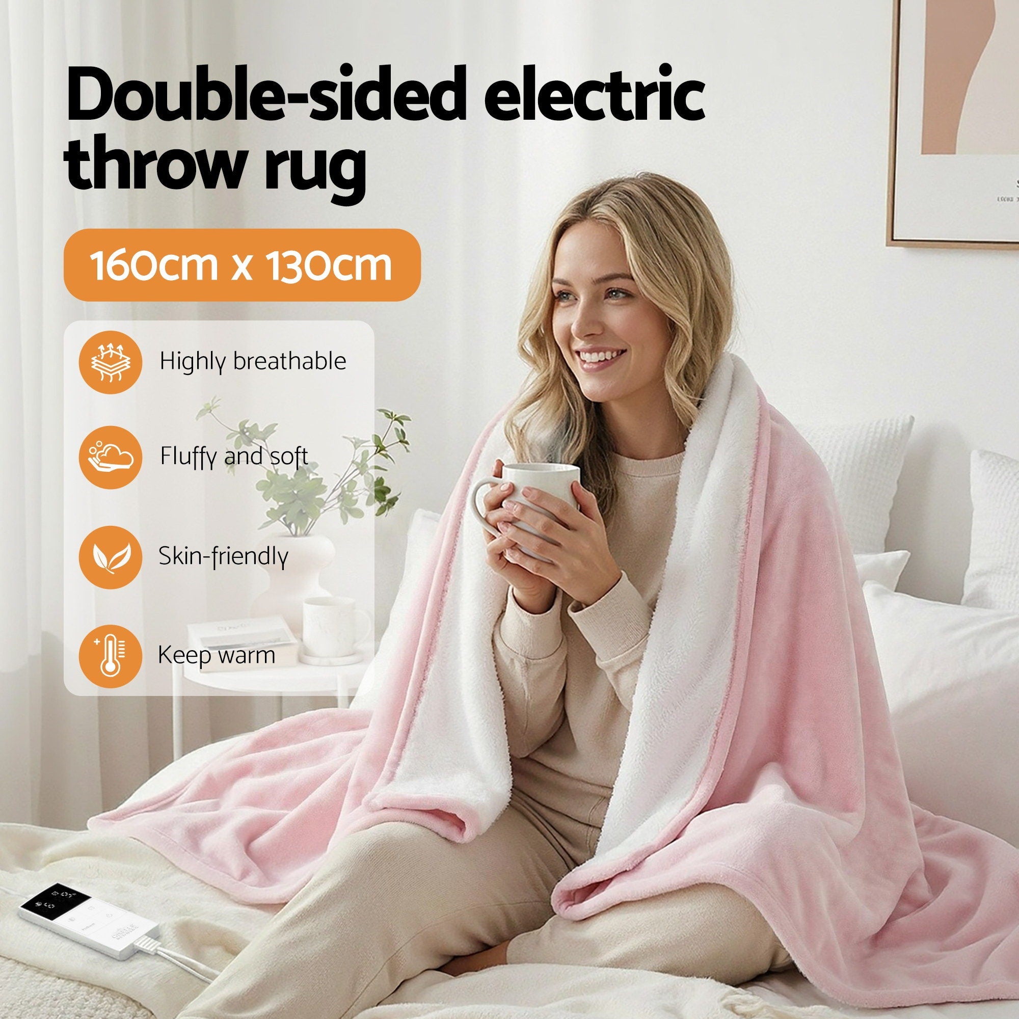 Blankets & Throws: Giselle Electric Throw Rug Dual Side Fleece Flannel Heated Blanket Pink