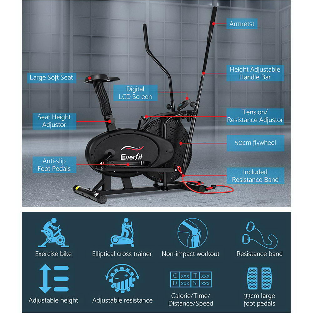 Exercise Bikes: Everfit Exercise Bike 4 in 1 Elliptical Cross Trainer Home Gym Indoor Cardio