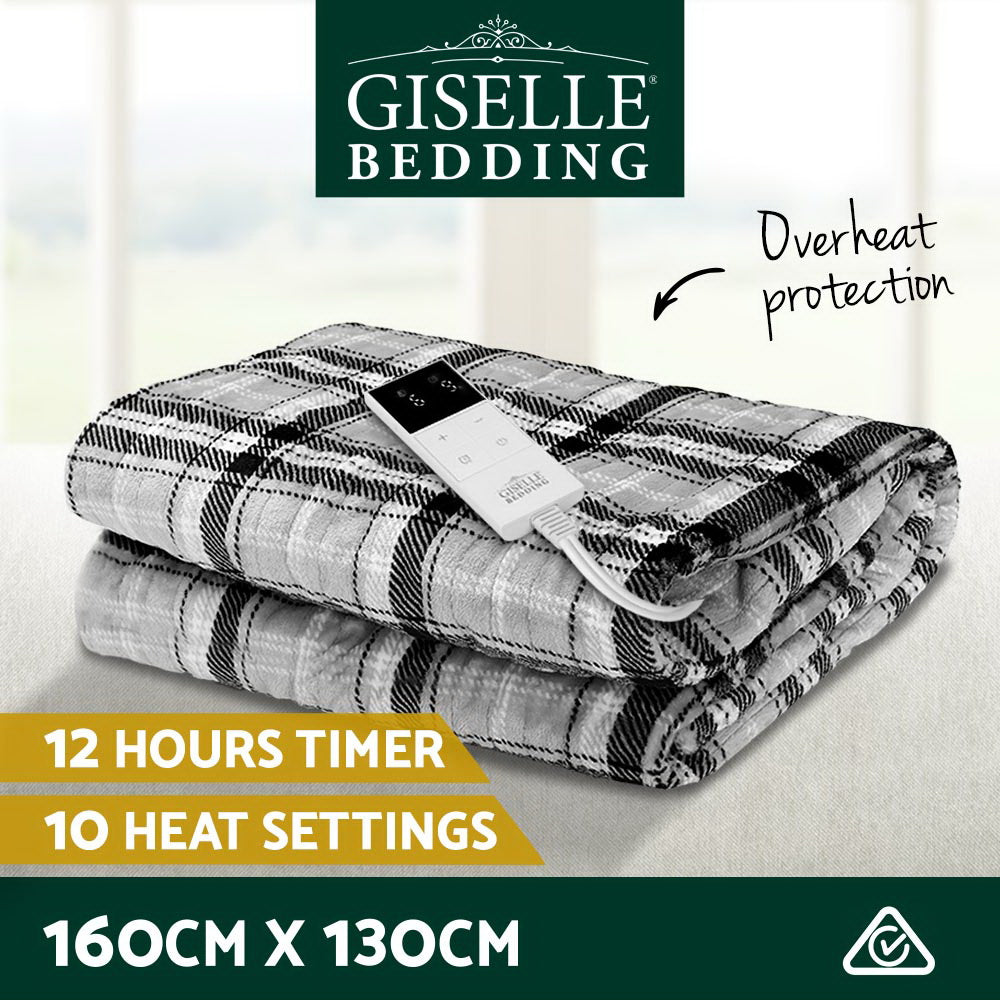 Blankets & Throws: Giselle Bedding Electric Throw Rug Flannel Snuggle Blanket Washable Heated Grey and White Checkered