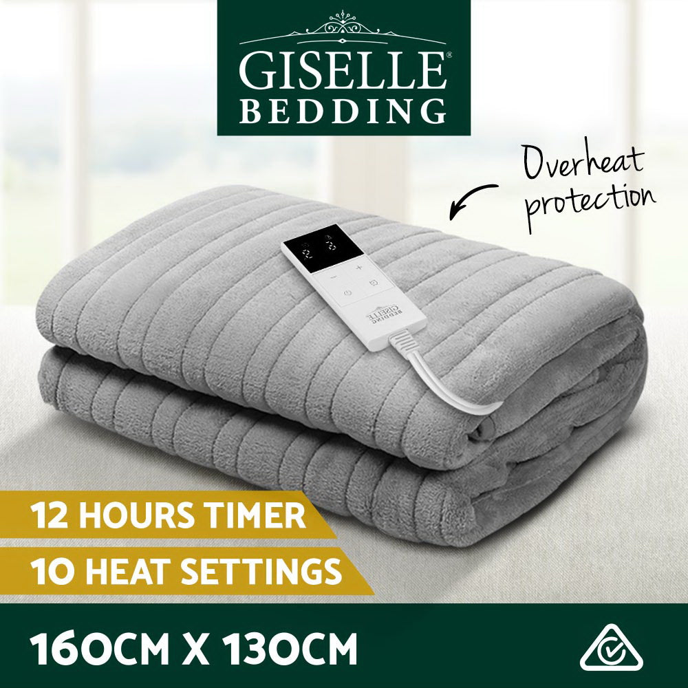 Blankets & Throws: Giselle Bedding Heated Electric Throw Rug Fleece Sunggle Blanket Washable Silver
