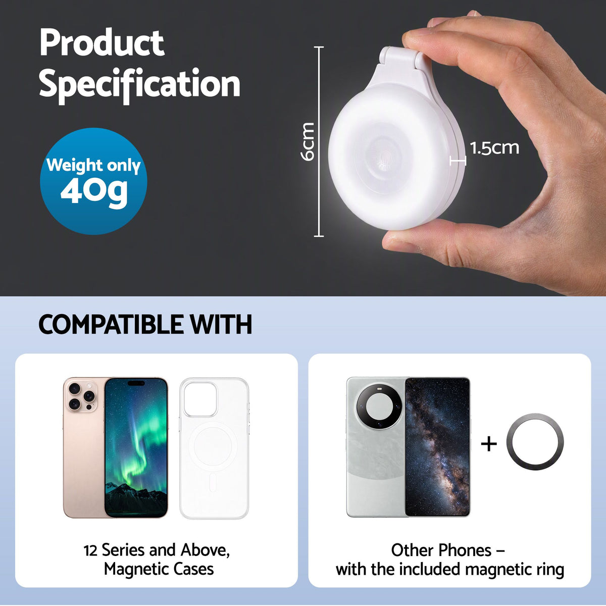 Devanti Magnetic Selfie Light Foldable LED Ring Fill Phone Light CRI95 White