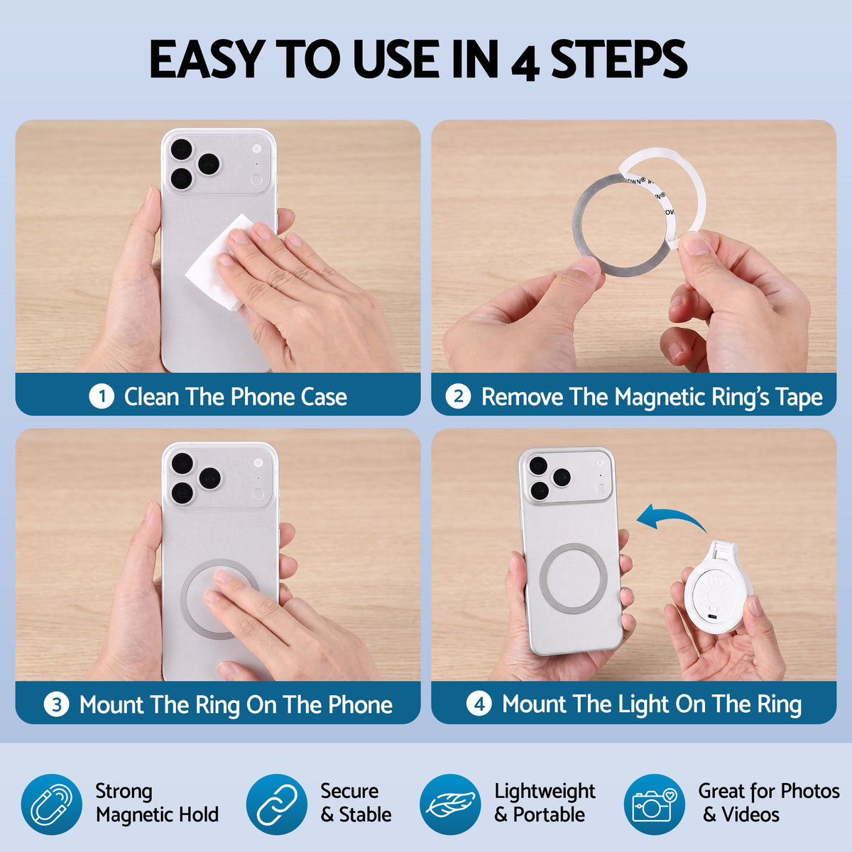 Devanti Magnetic Selfie Light Foldable LED Ring Fill Phone Light CRI95 White