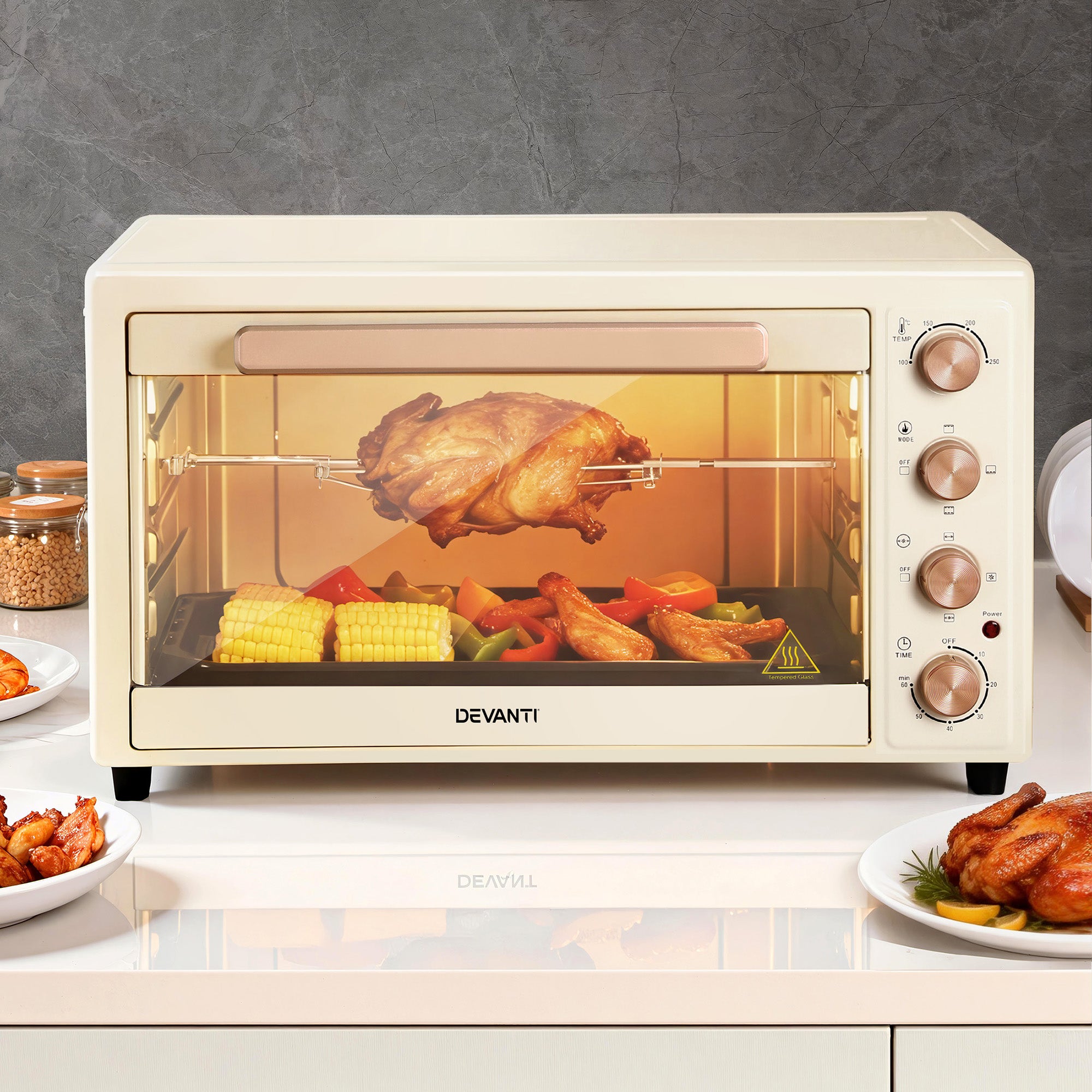 Ovens: Devanti 60L Convection Oven Electric Fryer Ovens 2000W Cream