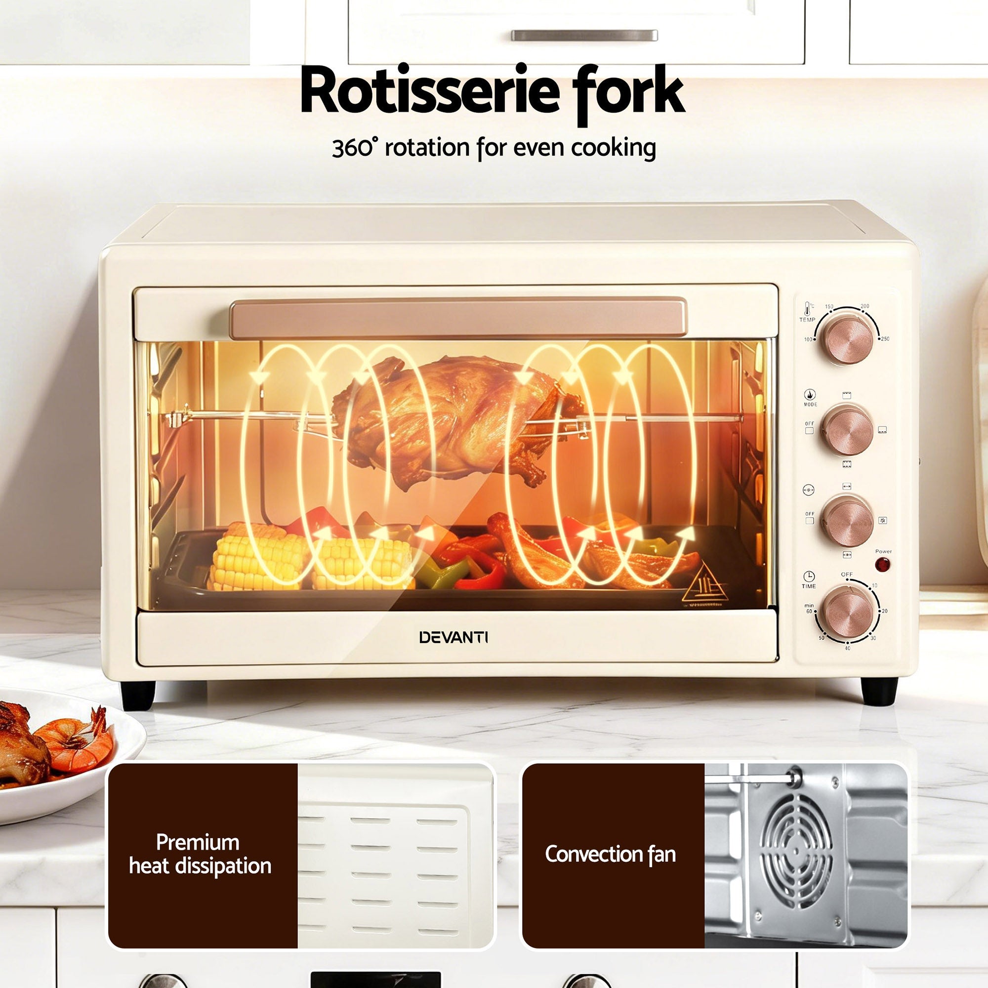 Ovens: Devanti 60L Convection Oven Electric Fryer Ovens 2000W Cream