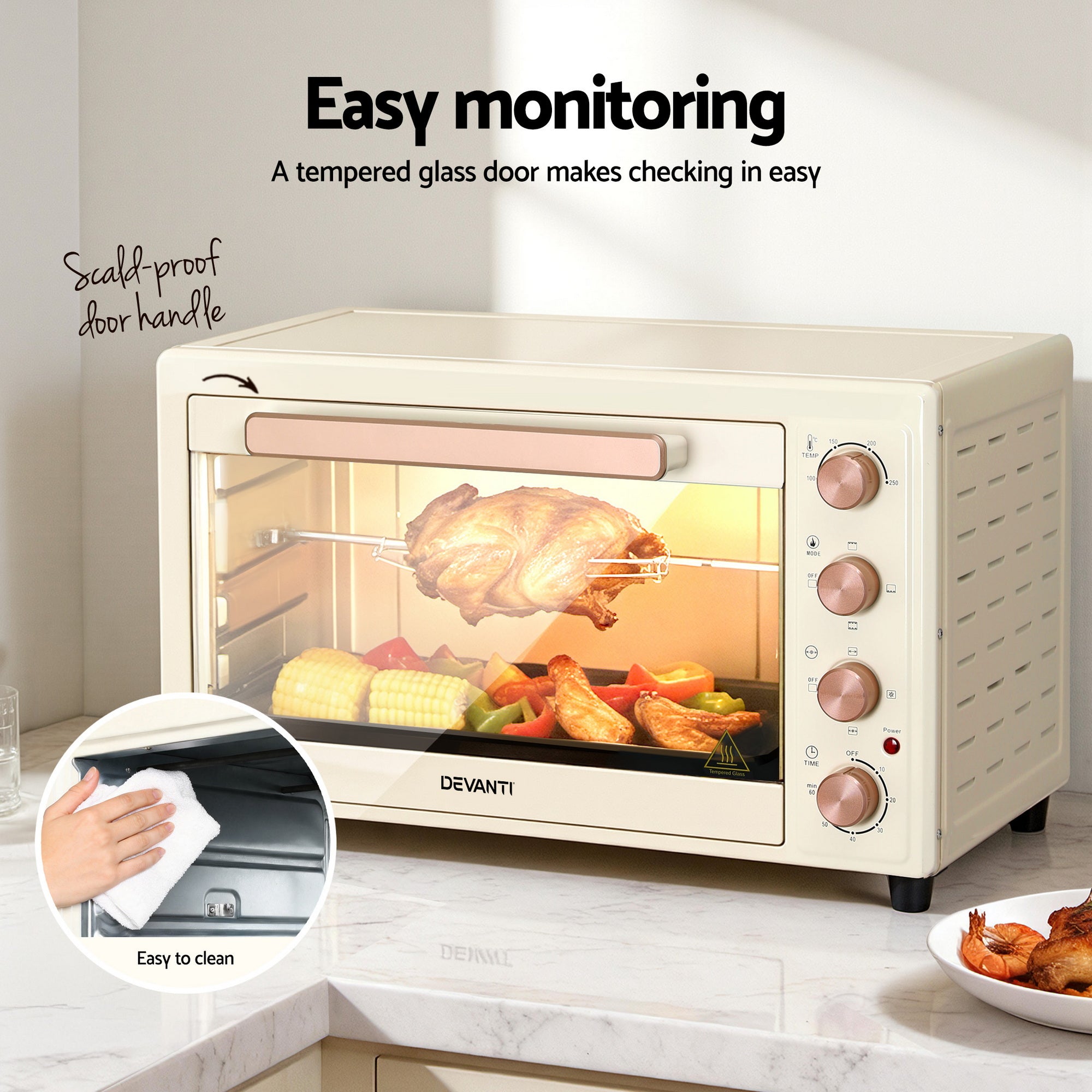 Ovens: Devanti 60L Convection Oven Electric Fryer Ovens 2000W Cream