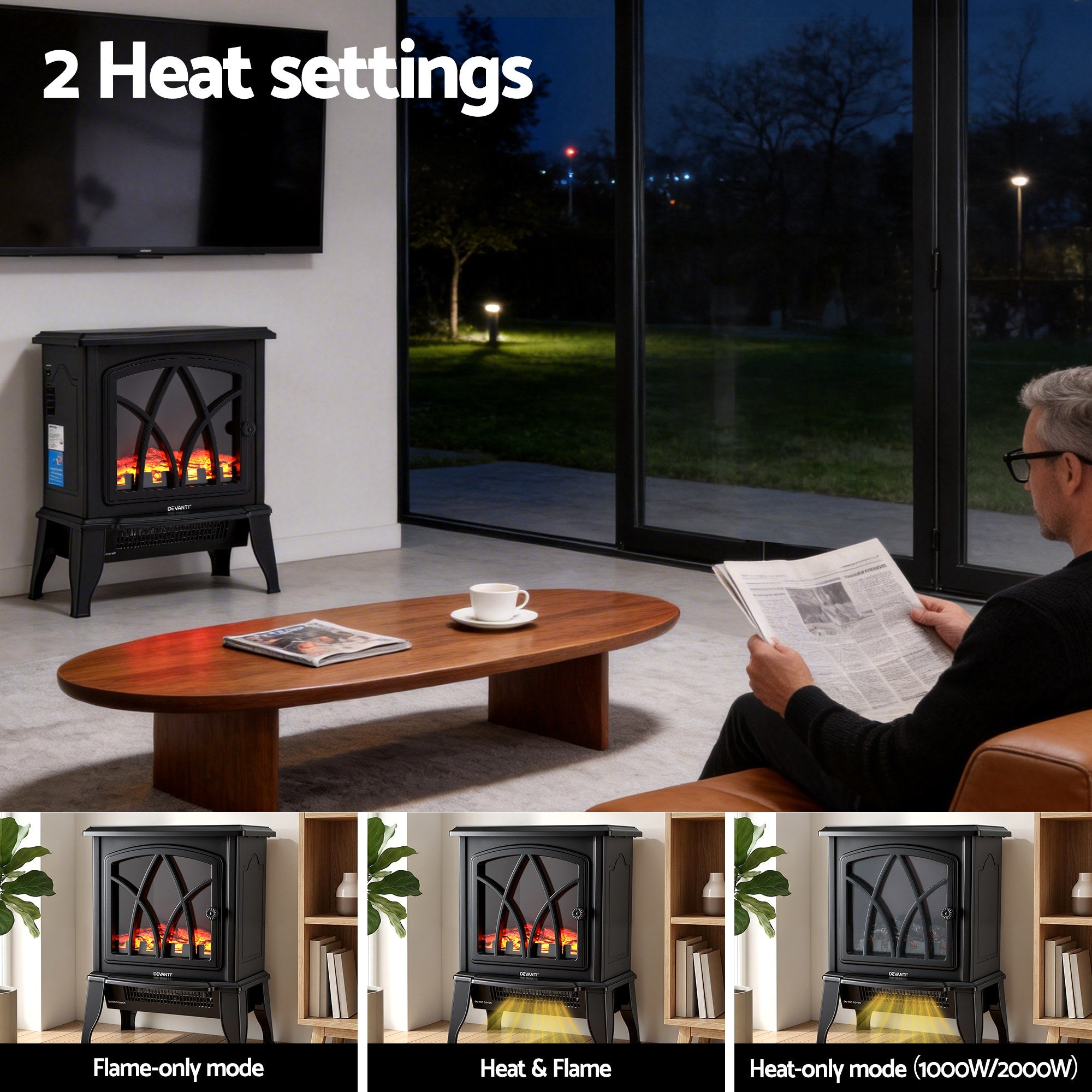 Devanti 2000W Electric Fireplace Heater Stove Freestanding 3D Flame Effect Indoor Space Heaters