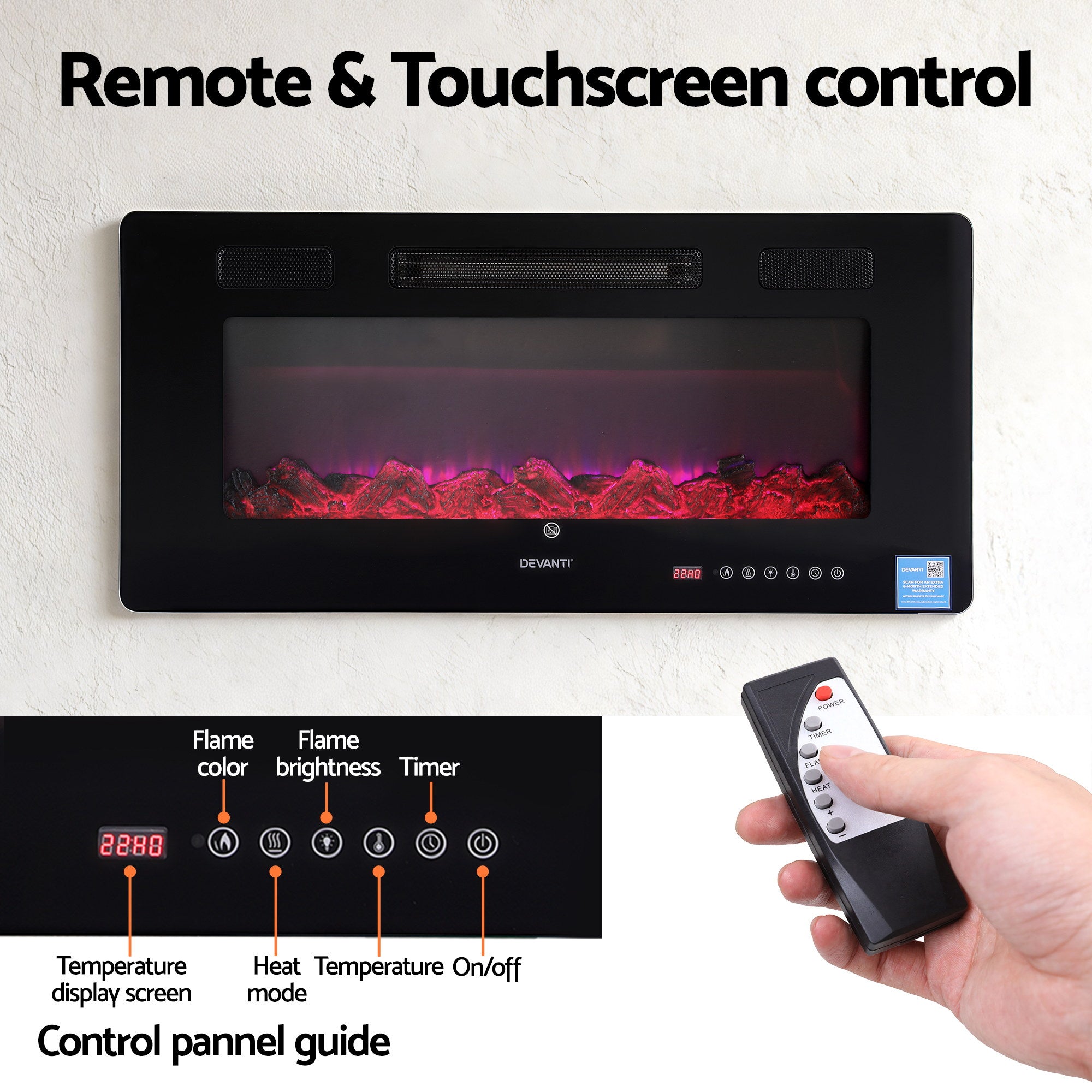 Devanti Electric Fireplace Fire Heater Wall Mounted Insert 3D Flame 1800W Remote Control