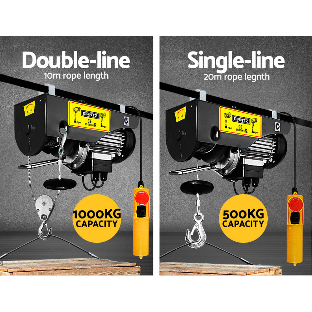 Automotive Lifts & Hoists: Giantz Electric Hoist Winch 500/1000KG Cable 20M Rope Tool Remote Chain Lifting