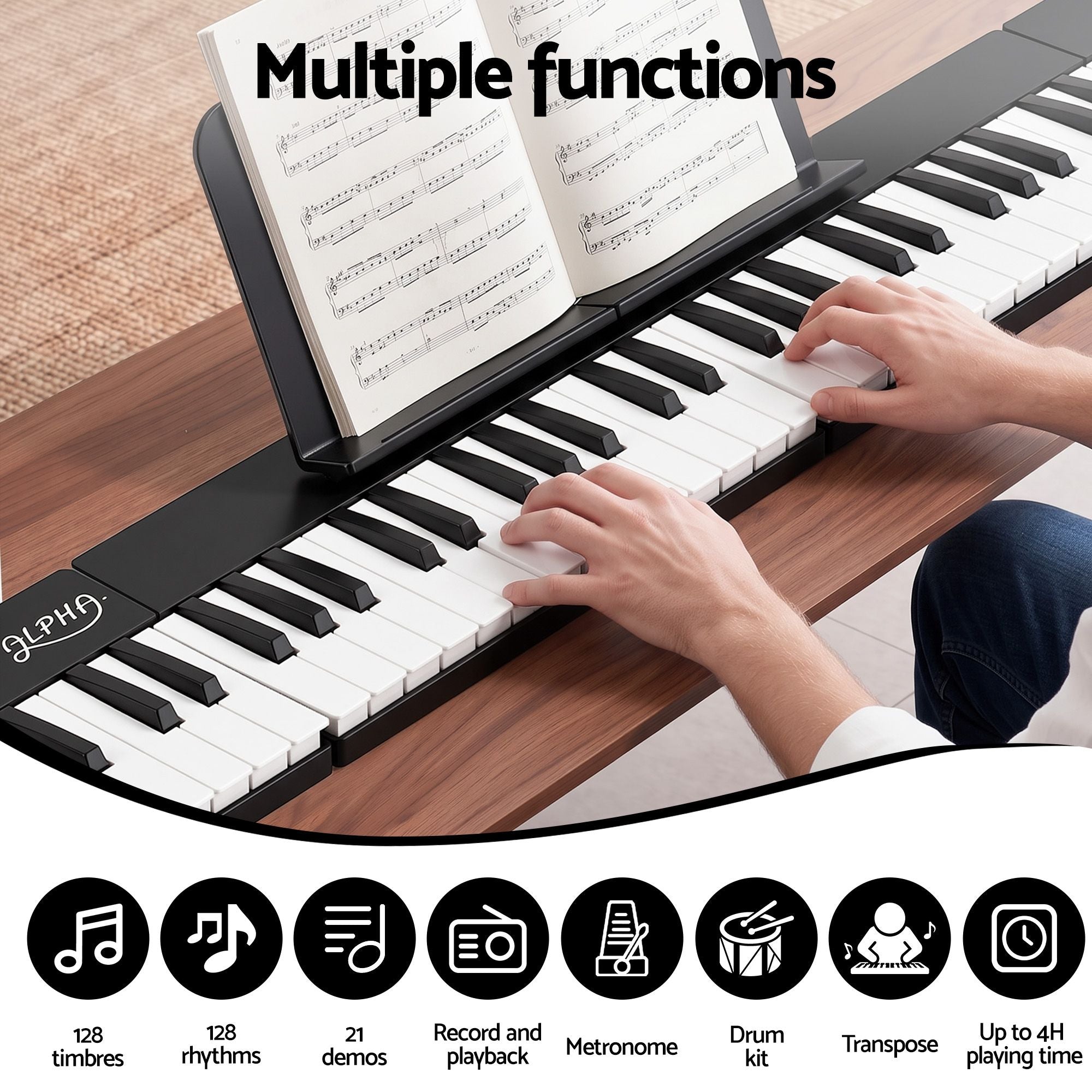 Alpha 88 Key Quad Folding Electronic Keyboard Digital Piano Portable MIDI Bluetooth Black