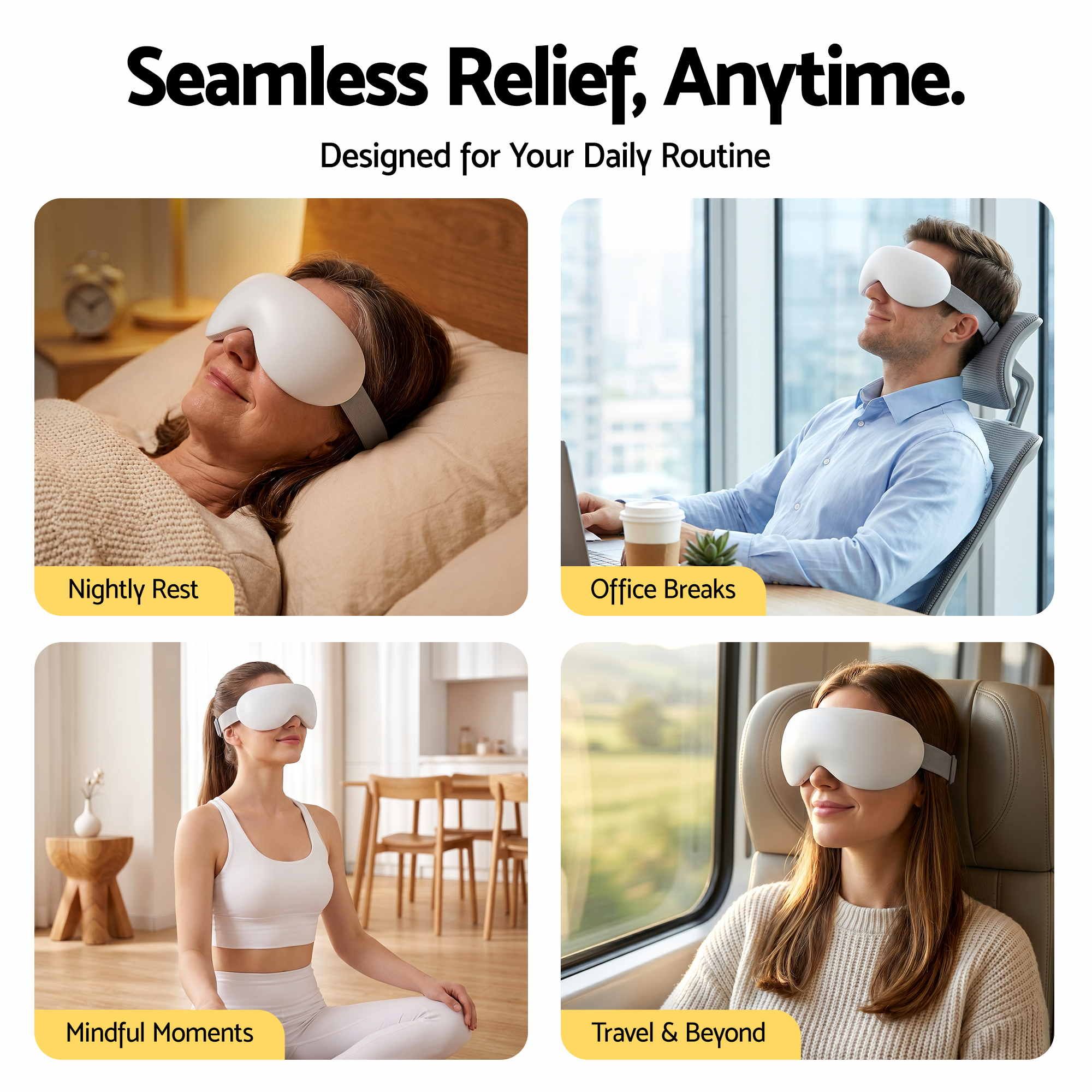 Livemor Eye Massager with Cooling & Heating | Dual Hot Cold Compress Goggles with 12 Vibrating Nodes for Migraine Relief | Wireless Bluetooth Eye Mask with 10Min Timer & 2400mAh Battery, White