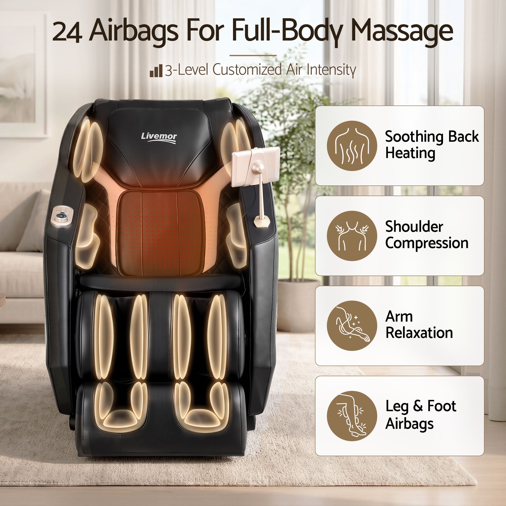 Livemor Flex Massage Chair Full Body with Heat Zero Gravity Recliner, 24 Airbags, Foot Massage, 6 Auto Programs, Voice Control, Bluetooth Speakers, Screen Control, Extendable Footrest