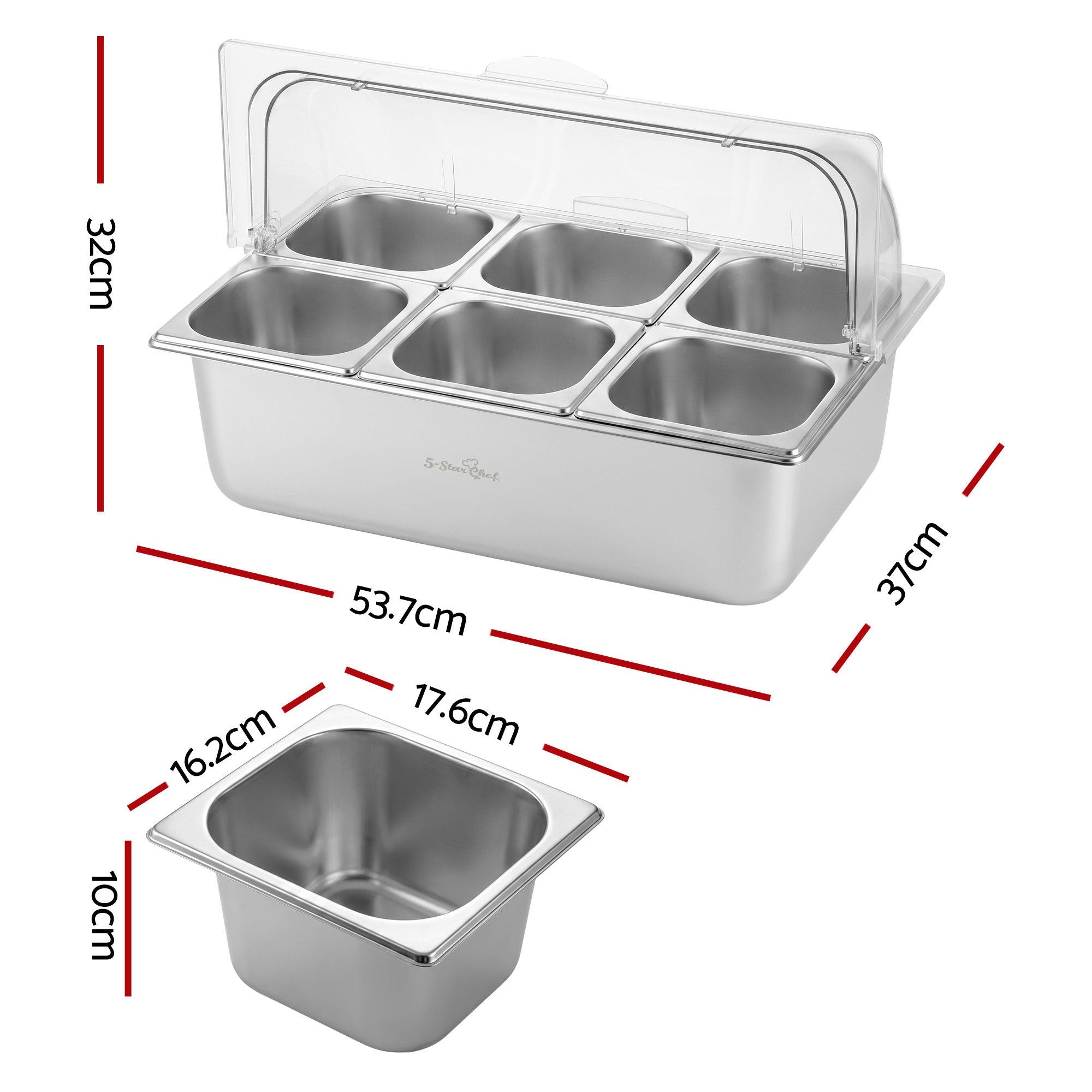 5-Star Chef 6 Pan Food Serving Display Stainless Steel Cooler Platter with Clear Roll Top Cover