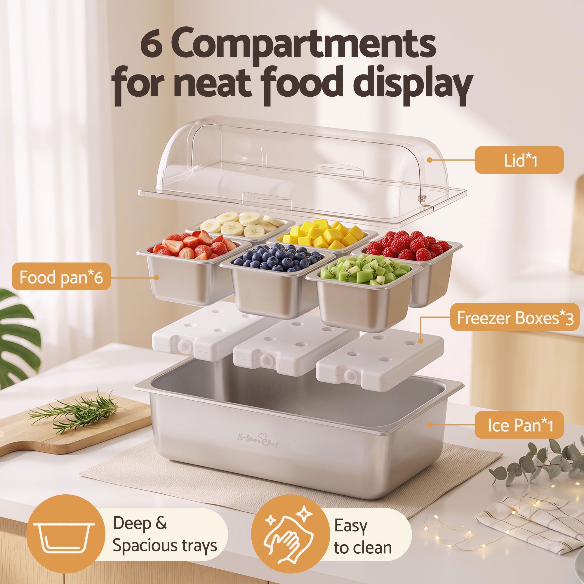 5-Star Chef 6 Pan Food Serving Display Stainless Steel Cooler Platter with Clear Roll Top Cover